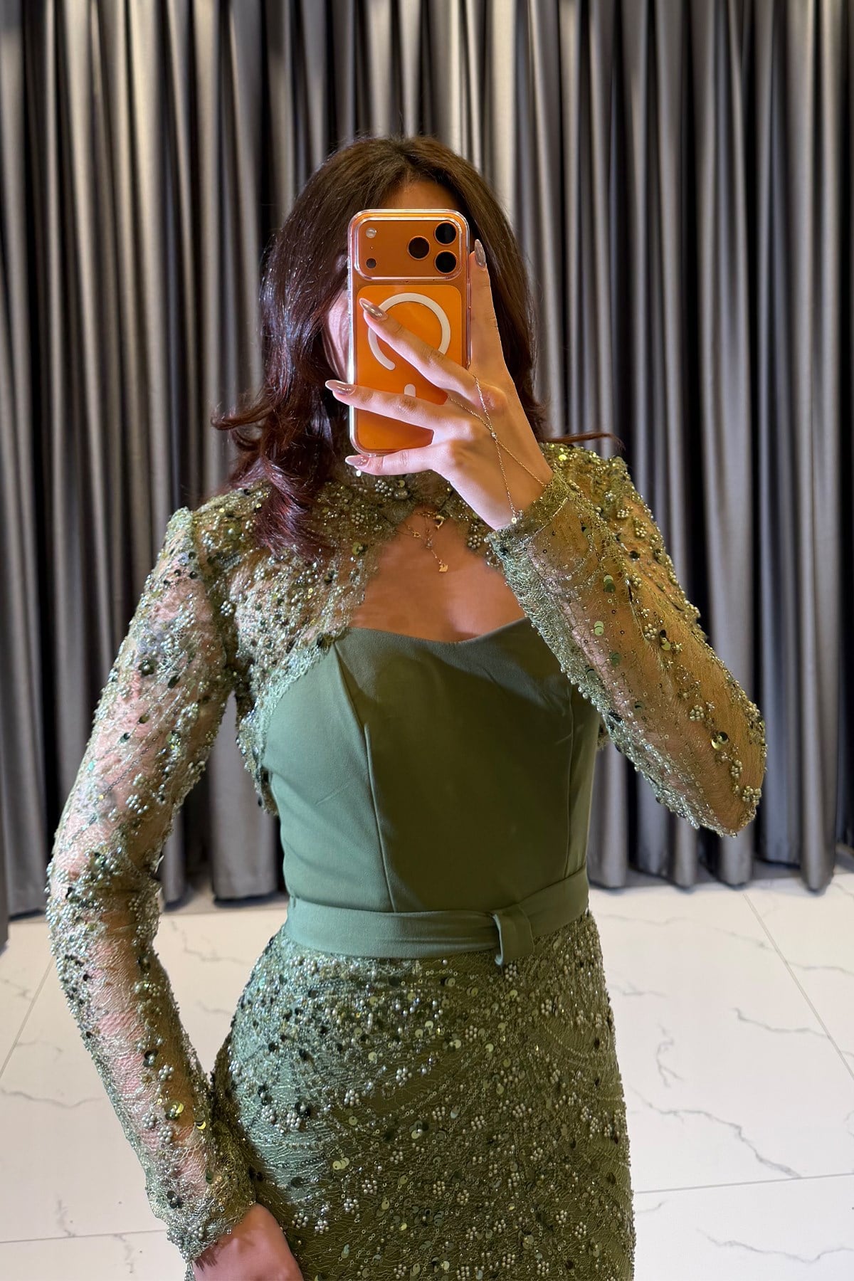 Dantel Detaylı Drape Abiye Elbise HAKİ