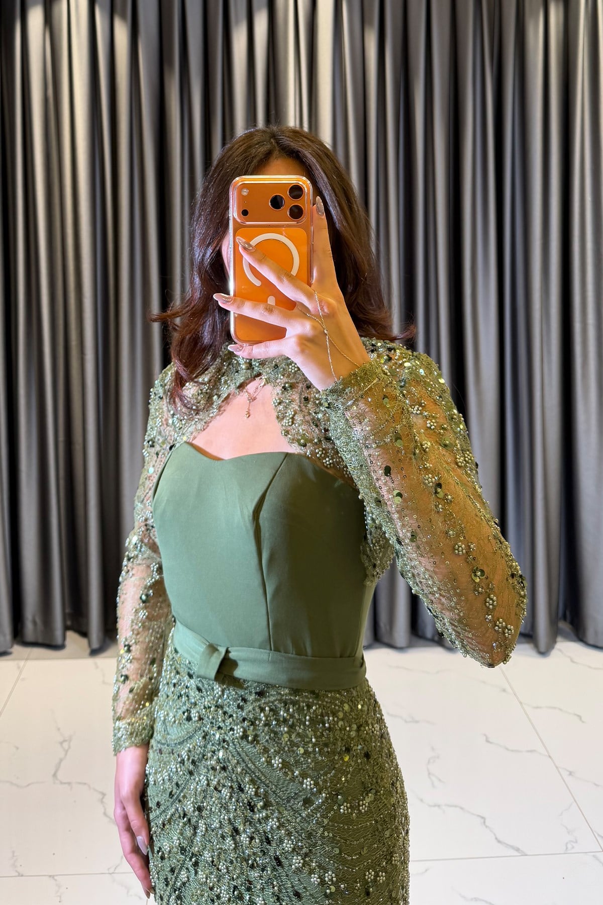 Dantel Detaylı Drape Abiye Elbise HAKİ