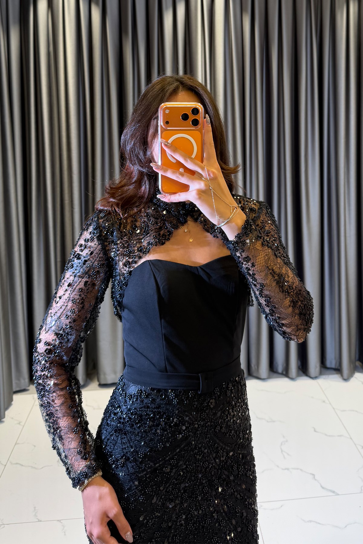Dantel Detaylı Drape Abiye Elbise  SİYAH