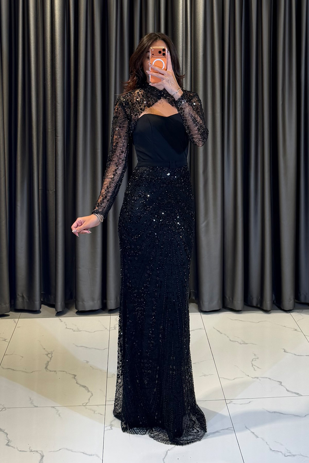 Dantel Detaylı Drape Abiye Elbise  SİYAH