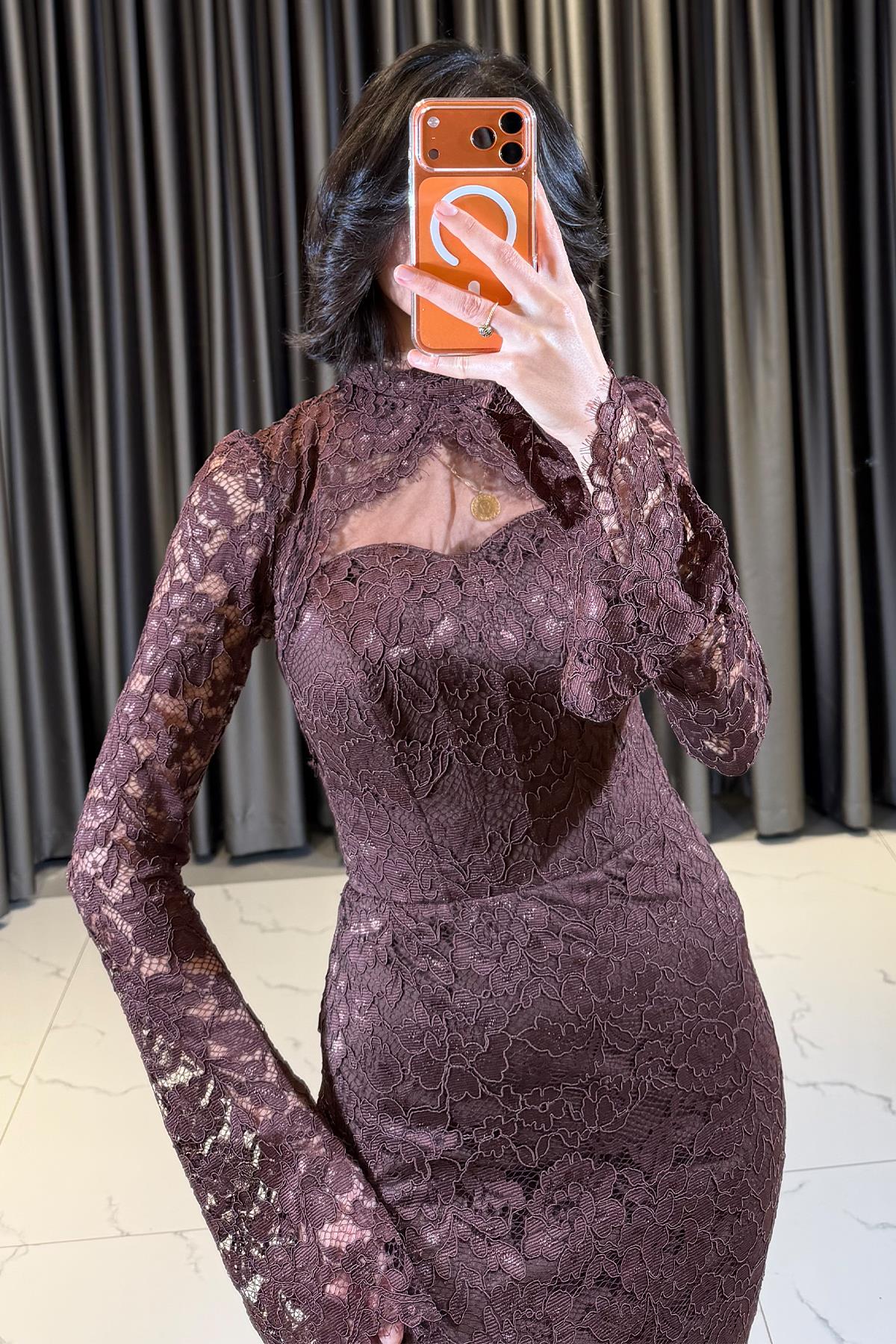 Dantelli Beli Beli İpli Balık Model Abiye Kahve