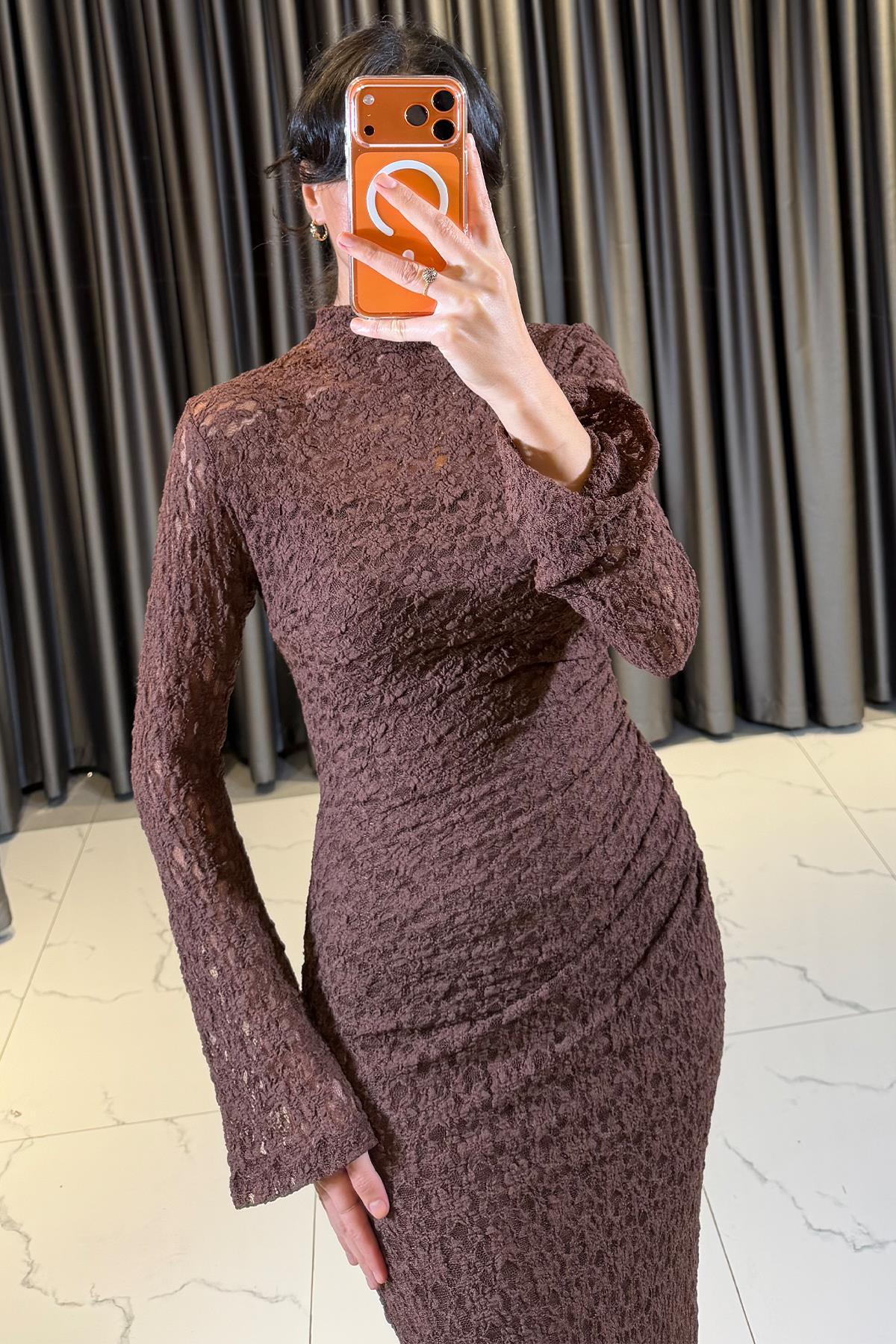 Transparan Detaylı Dantelli Balık Model Abiye Kahve