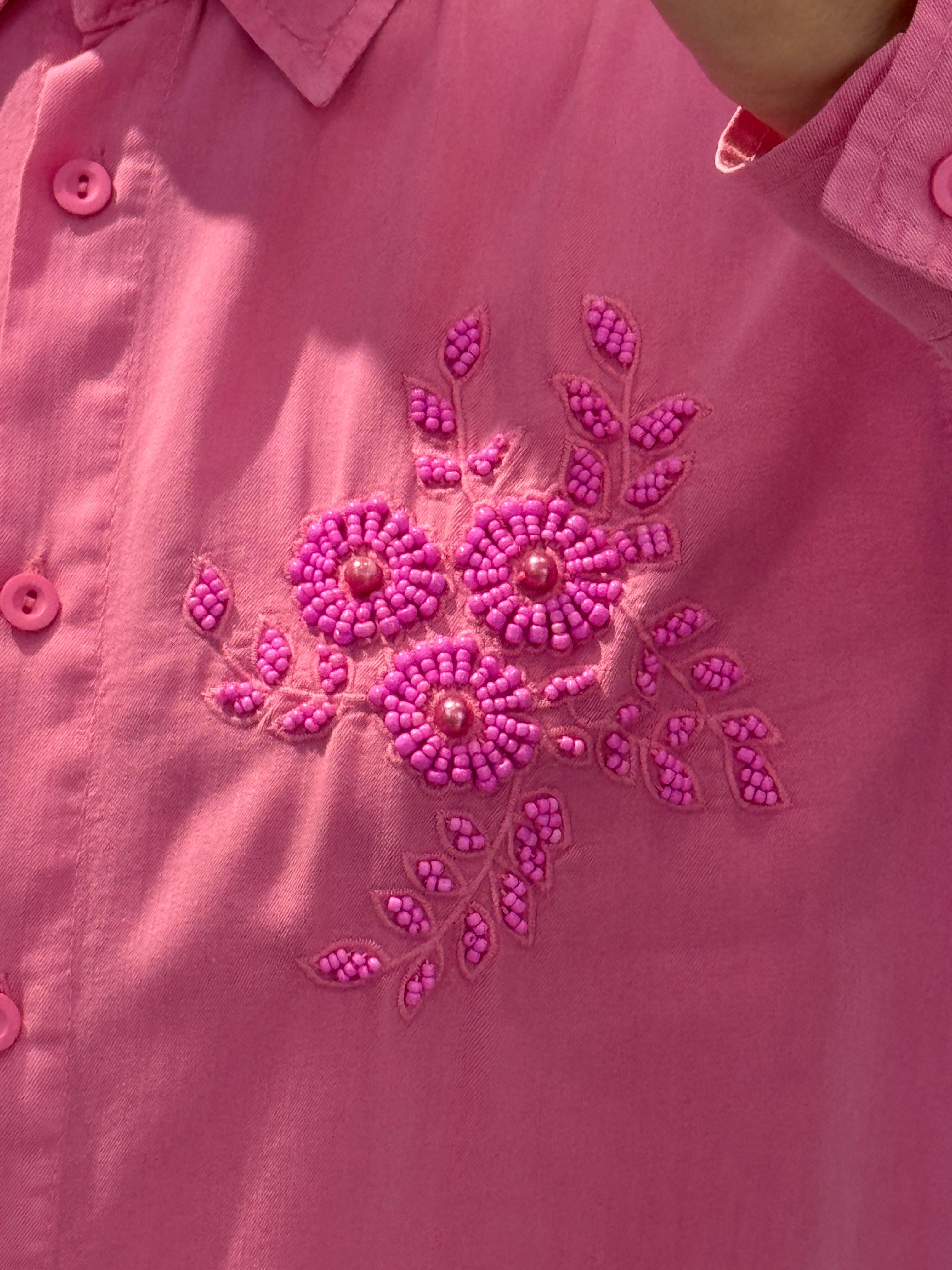 BONCUK İŞLEMELİ TENSEL GÖMLEK-PEMBE