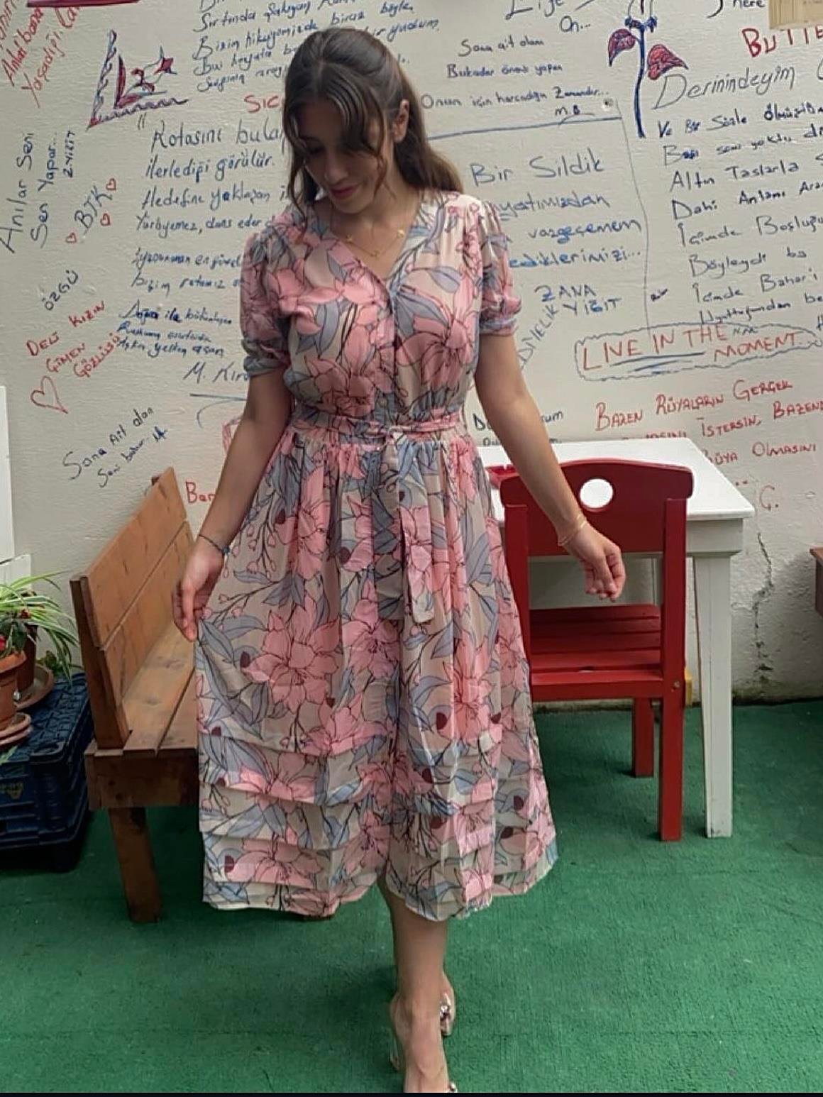 Çiçekli Şifon Elbise-Pudra pembe