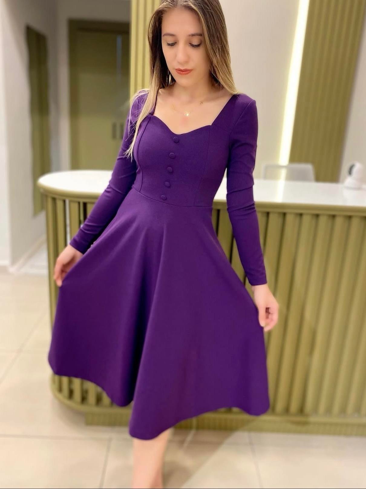 Düğme detaylı hena elbise- mor