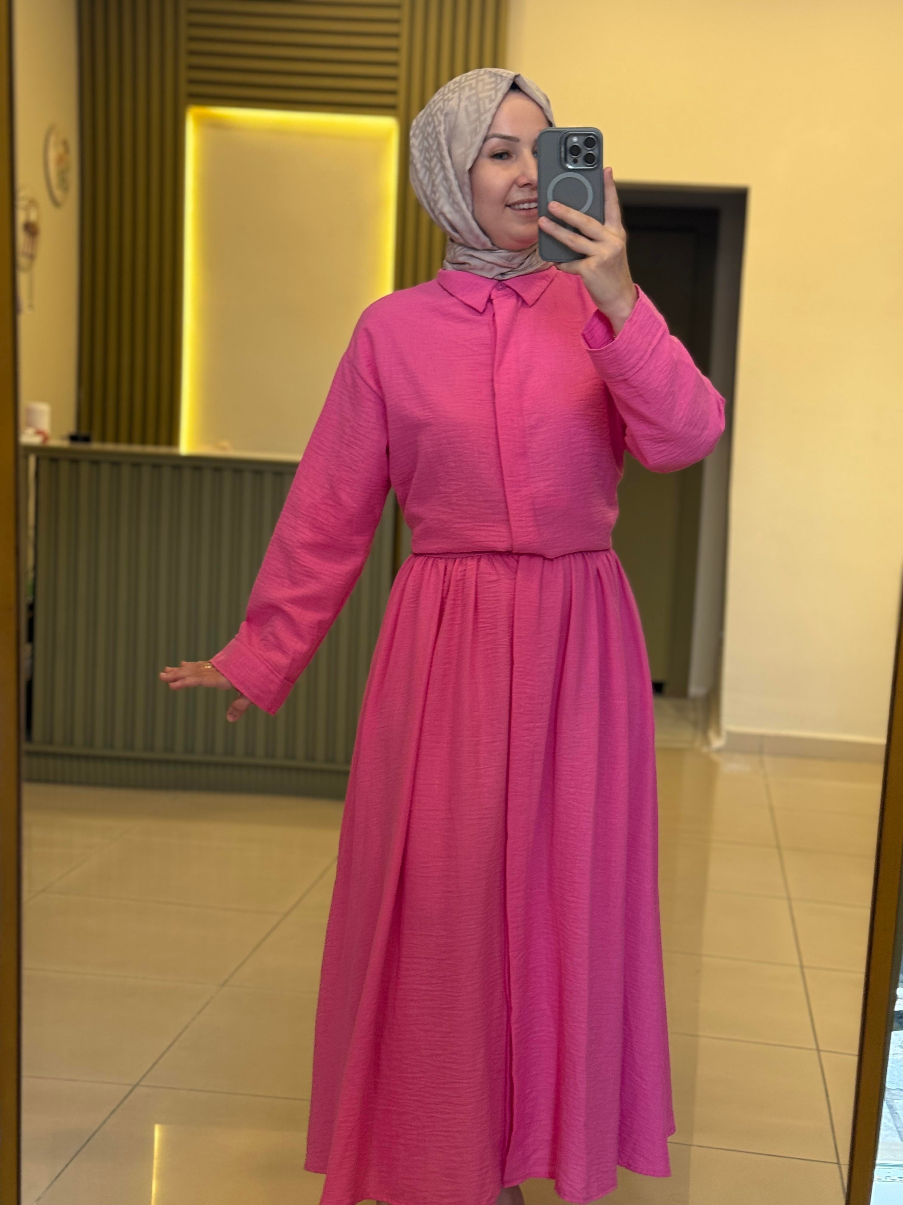 Eteği Düğmeli Takım- Pembe
