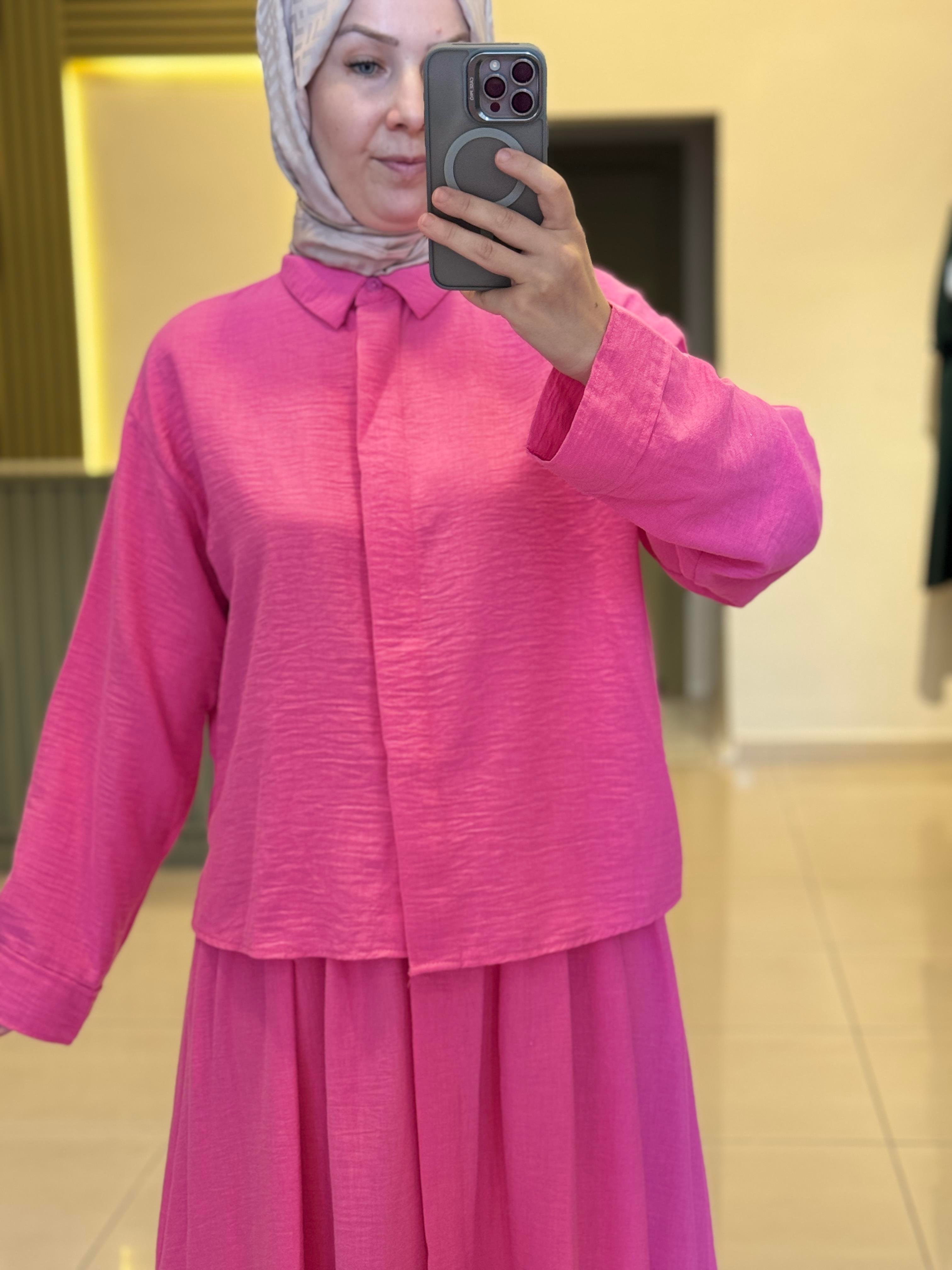 Eteği Düğmeli Takım- Pembe