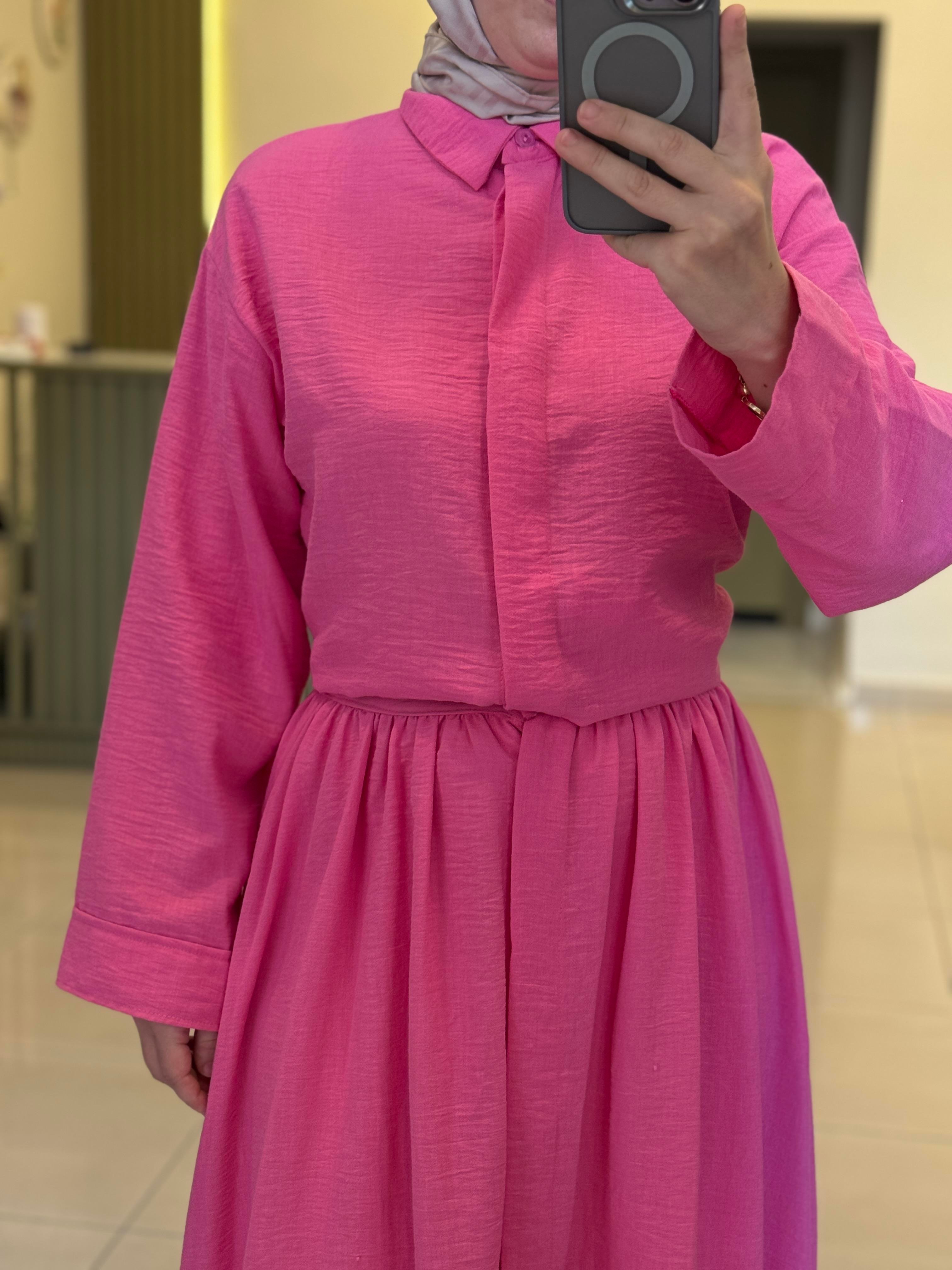 Eteği Düğmeli Takım- Pembe