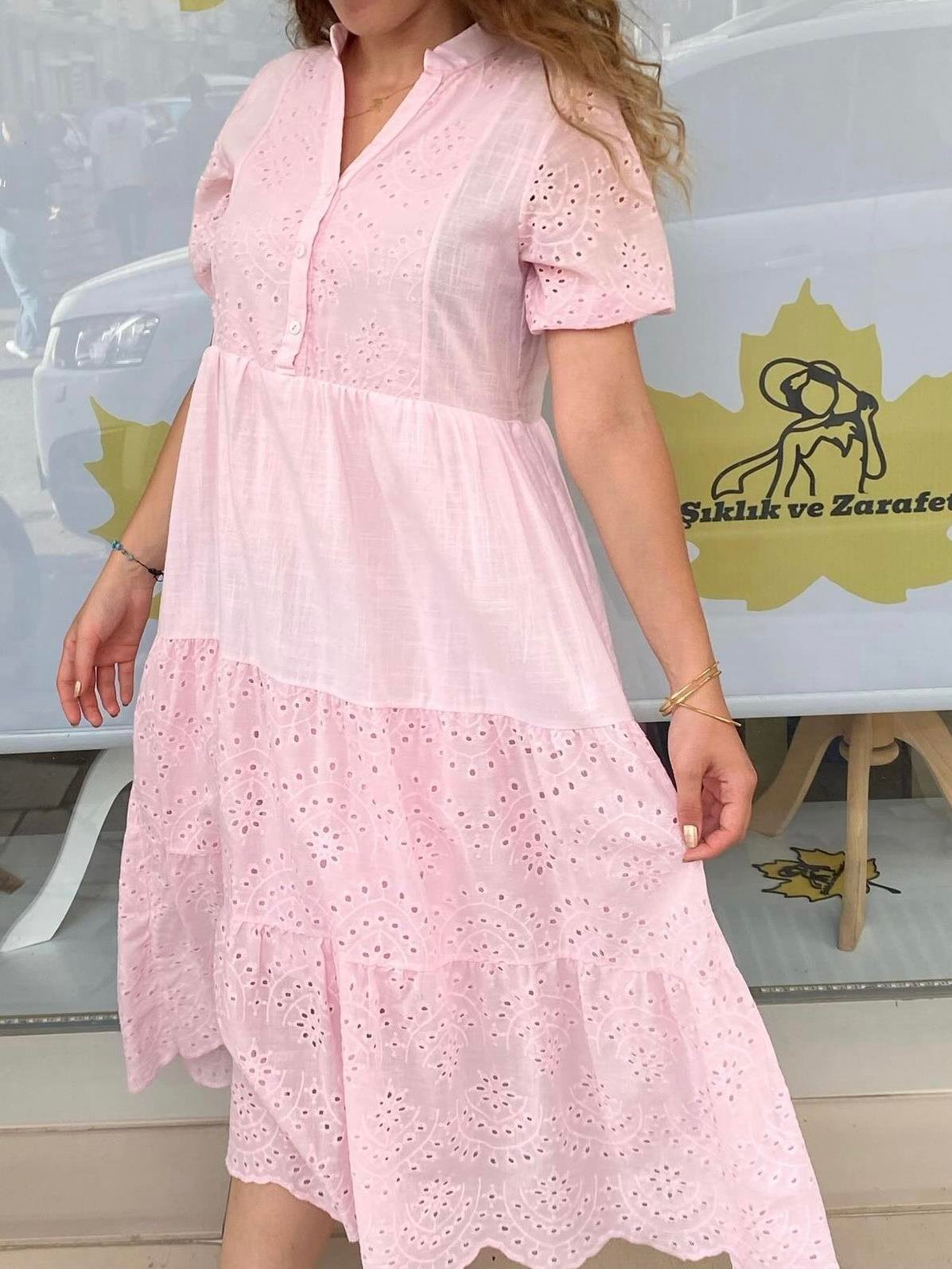 Fistolu Keten Elbise- Açık Pembe