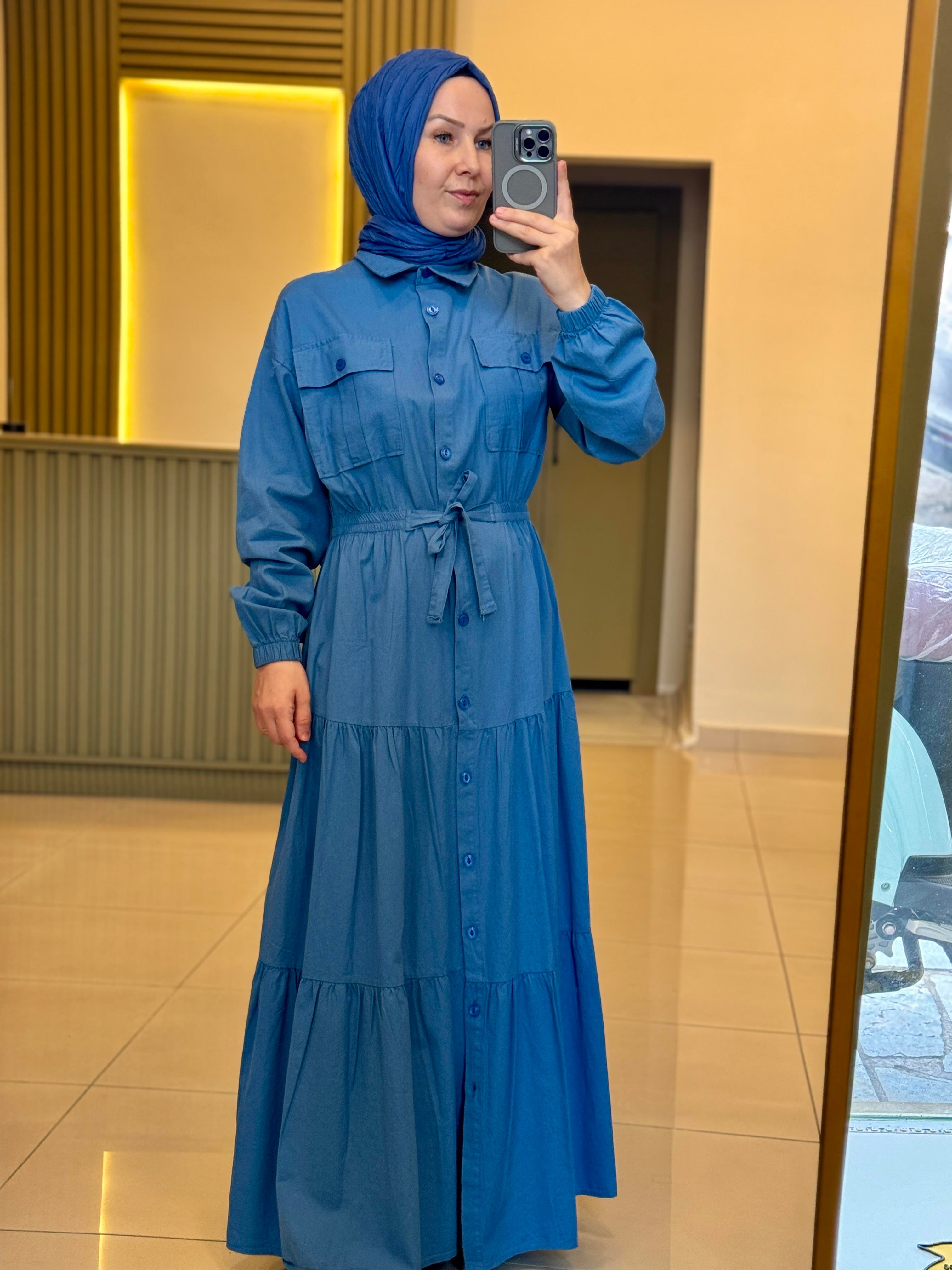 Gabardın Kumaş Cepli Elbise- mavi
