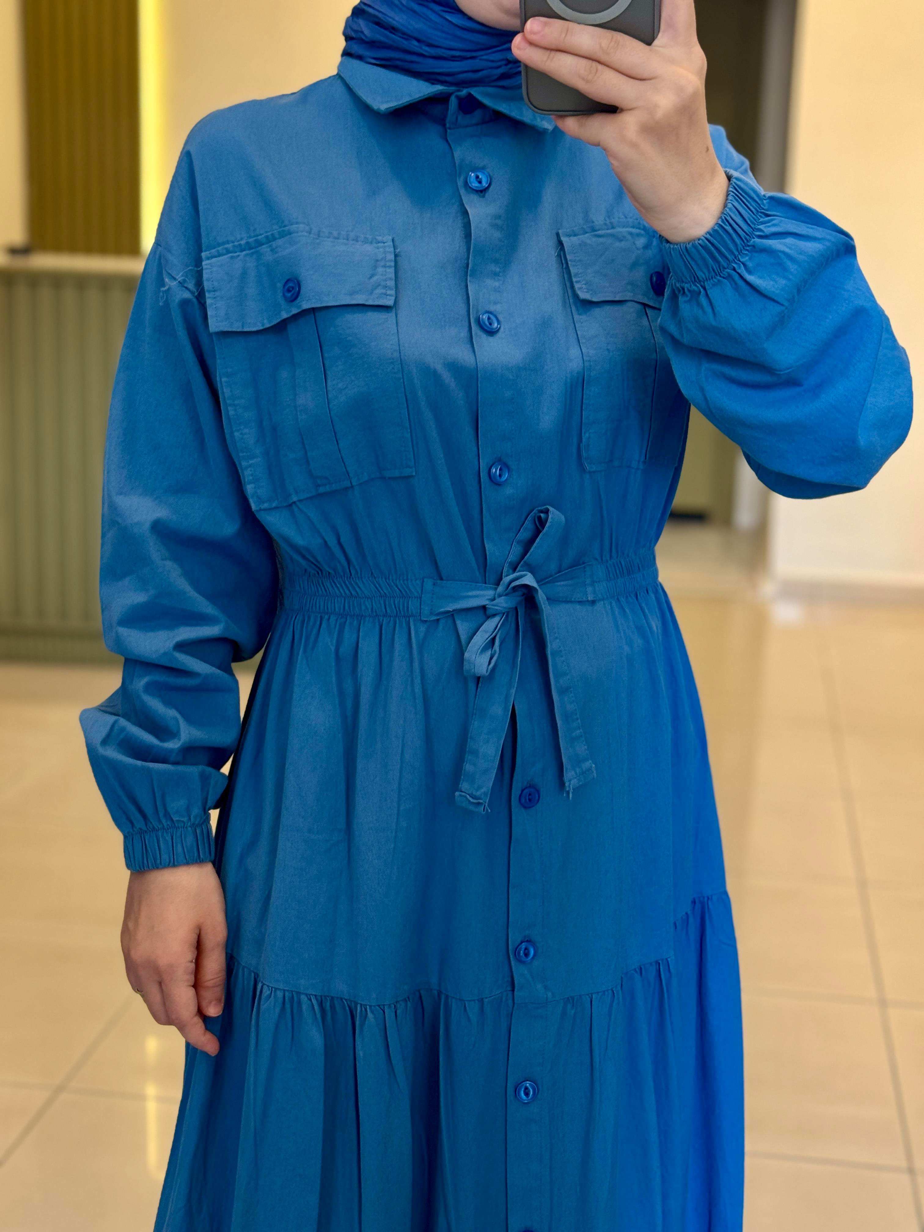 Gabardın Kumaş Cepli Elbise- mavi