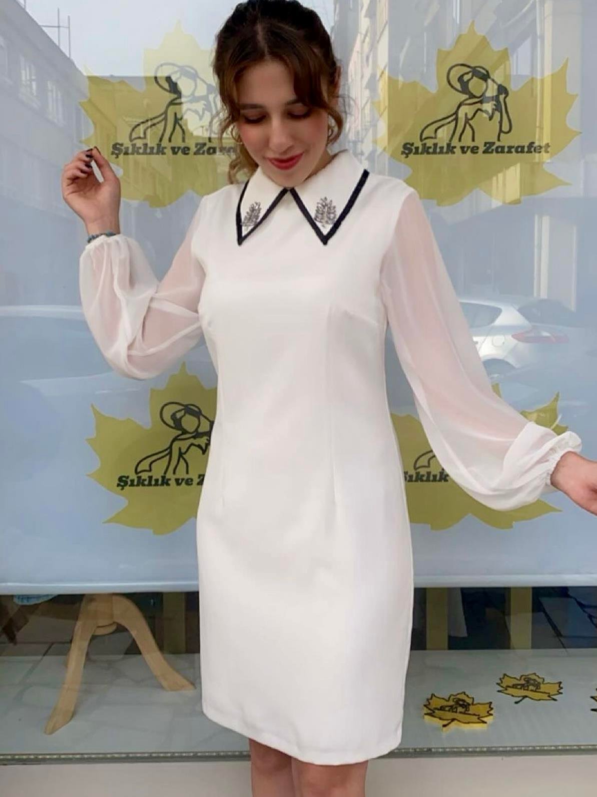 Şifon kol klasik elbise- beyaz