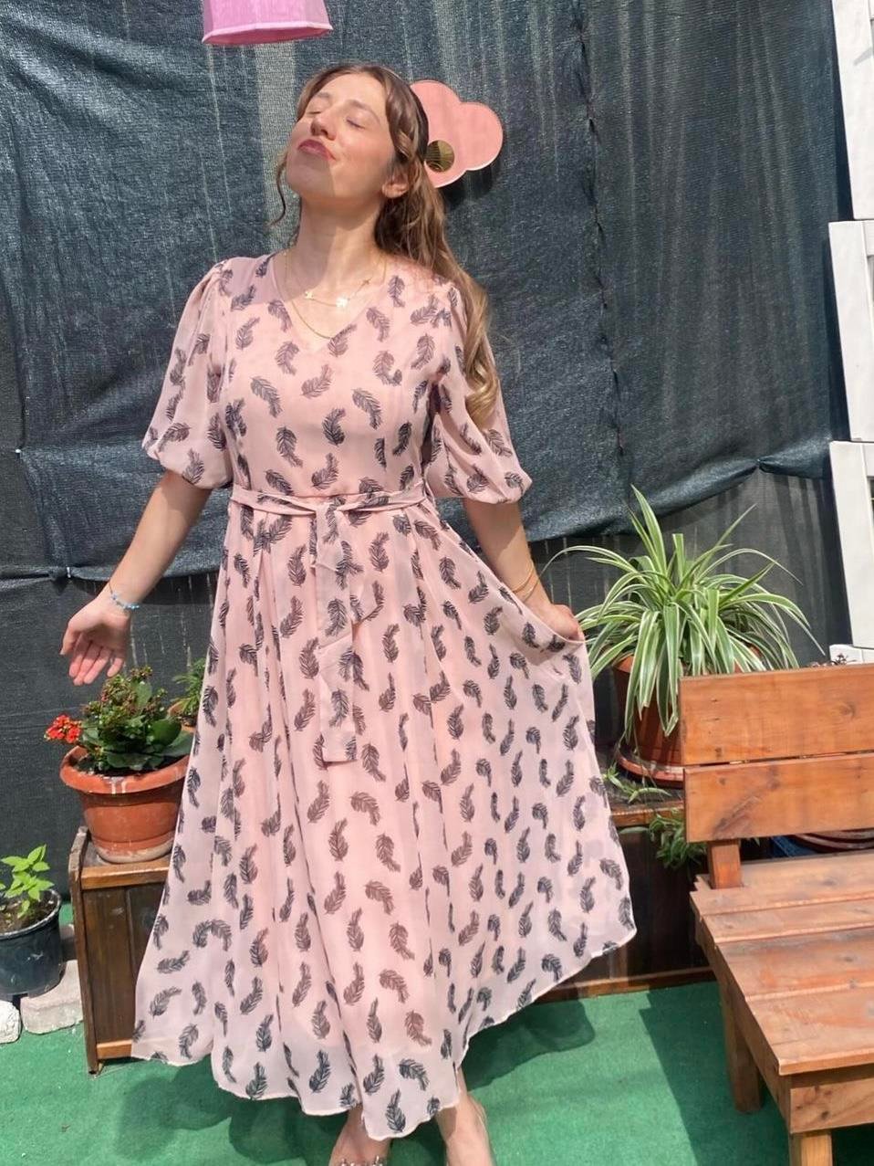Yaprak Desenli Midi Şifon Elbise- pudra pembe