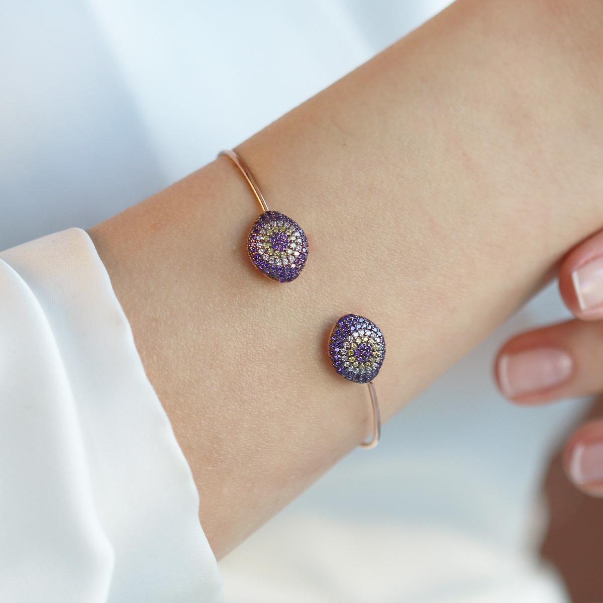 2'li Nazar Mor Taşlı Rose Gold Kaplama Gümüş Kelepçe