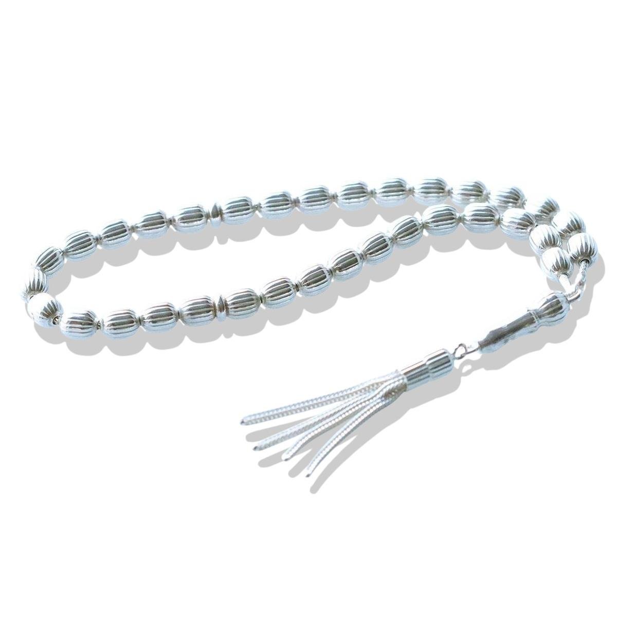 4 Püsküllü Çizgili Arpa Kesim 925 Ayar Gümüş Tesbih