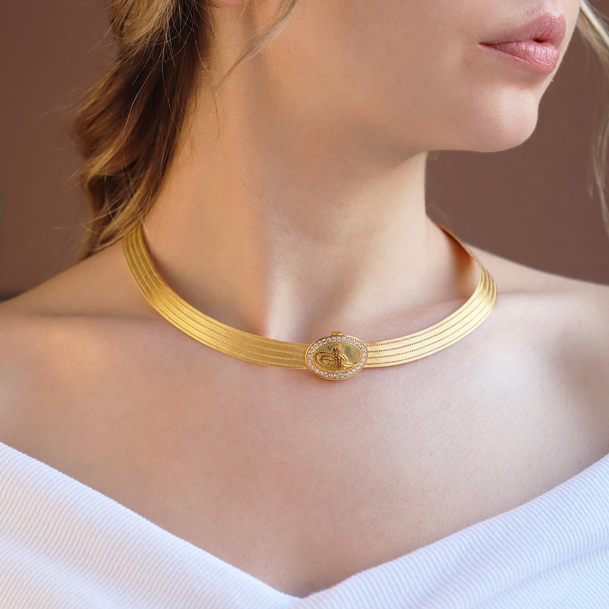 925 Ayar Gümüş Üzeri Gold Kaplama Osmanlı Tuğralı 5 Sıra Trabzon Gerdanlık