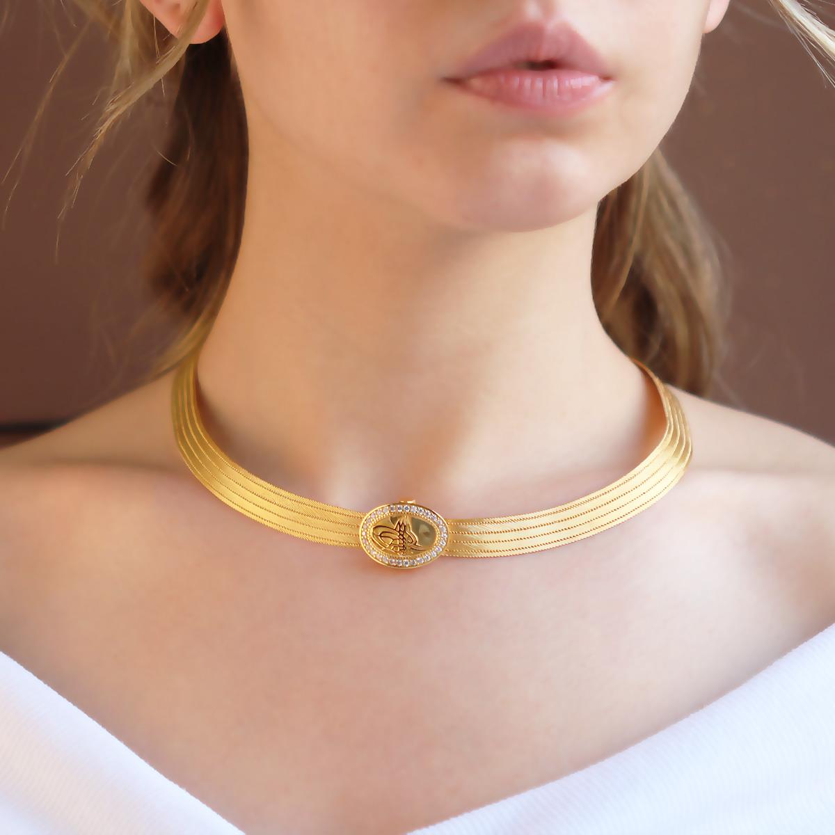 925 Ayar Gümüş Üzeri Gold Kaplama Osmanlı Tuğralı 5 Sıra Trabzon Gerdanlık