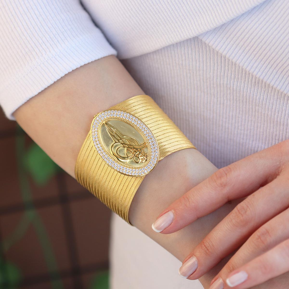 925 Ayar Gümüş Üzerine Gold Kaplama 19 Sıra Trabzon Kelepçe