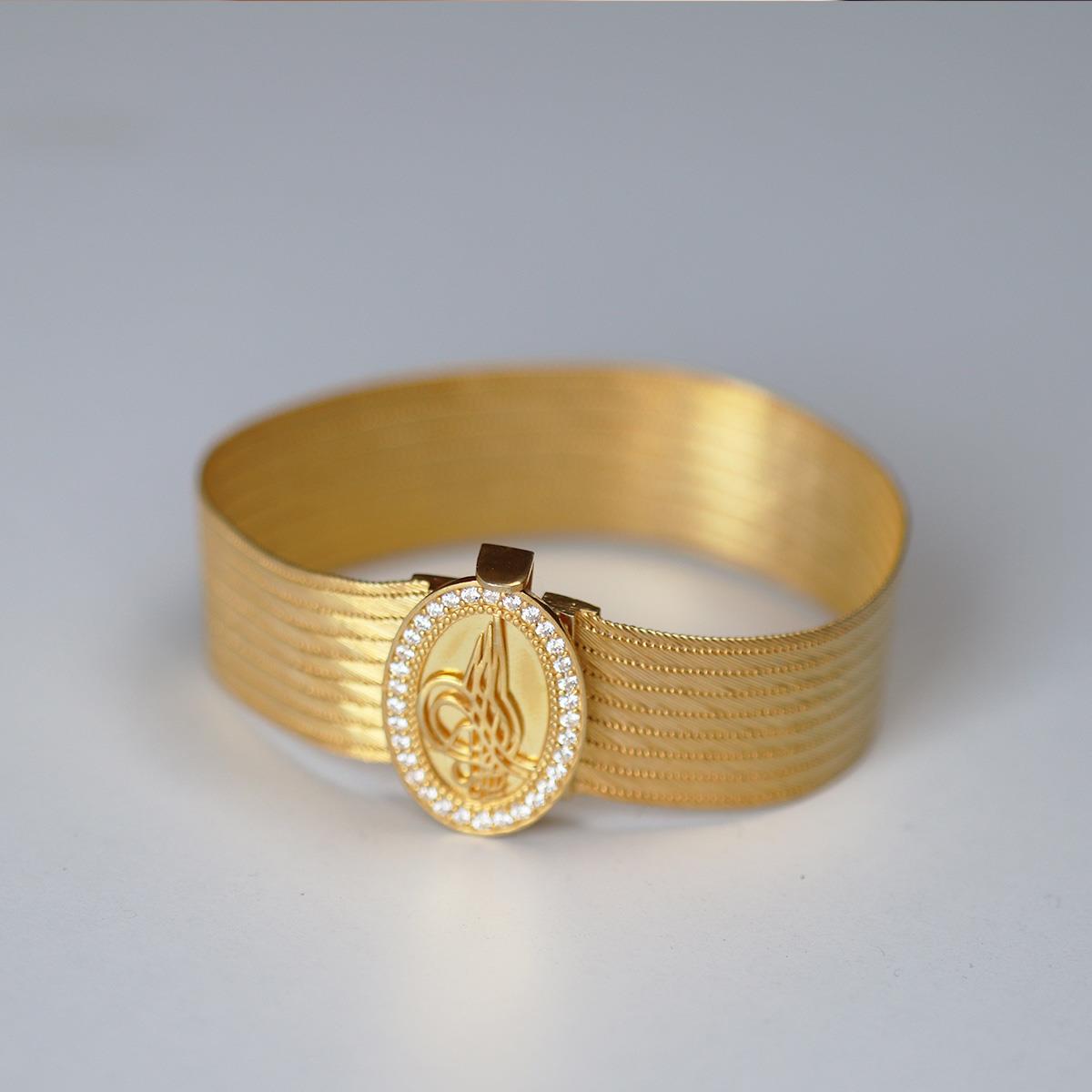 925 Ayar Gümüş Üzerine Gold Kaplama 9 Sıra Gümüş Trabzon Kelepçe