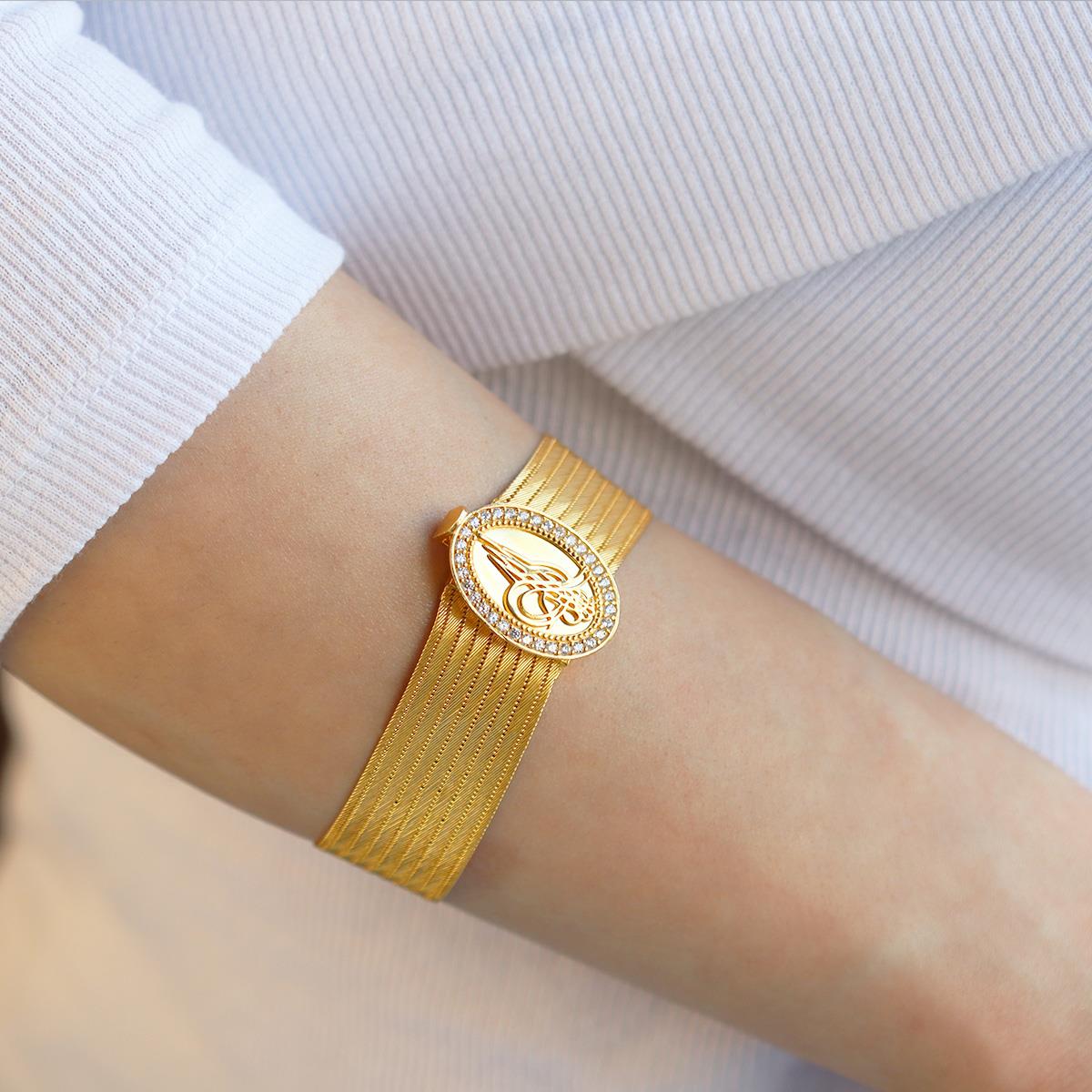 925 Ayar Gümüş Üzerine Gold Kaplama 9 Sıra Gümüş Trabzon Kelepçe