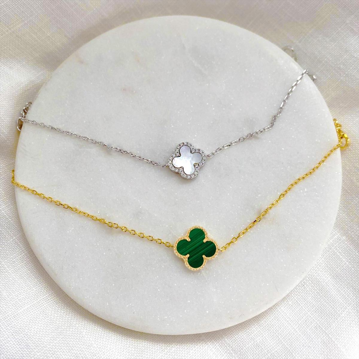 Alhambra Tek Yonca Yeşil Gold Kaplama Gümüş Bileklik