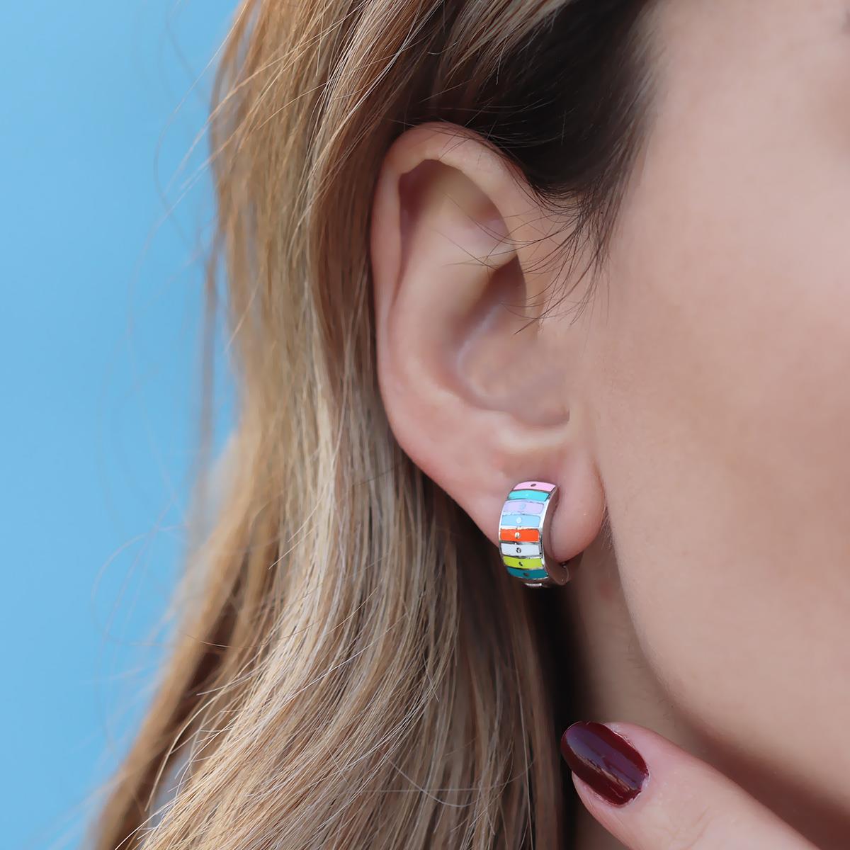 Alice Çift Taraflı Renkli Mine İşli Gümüş Halka Küpe