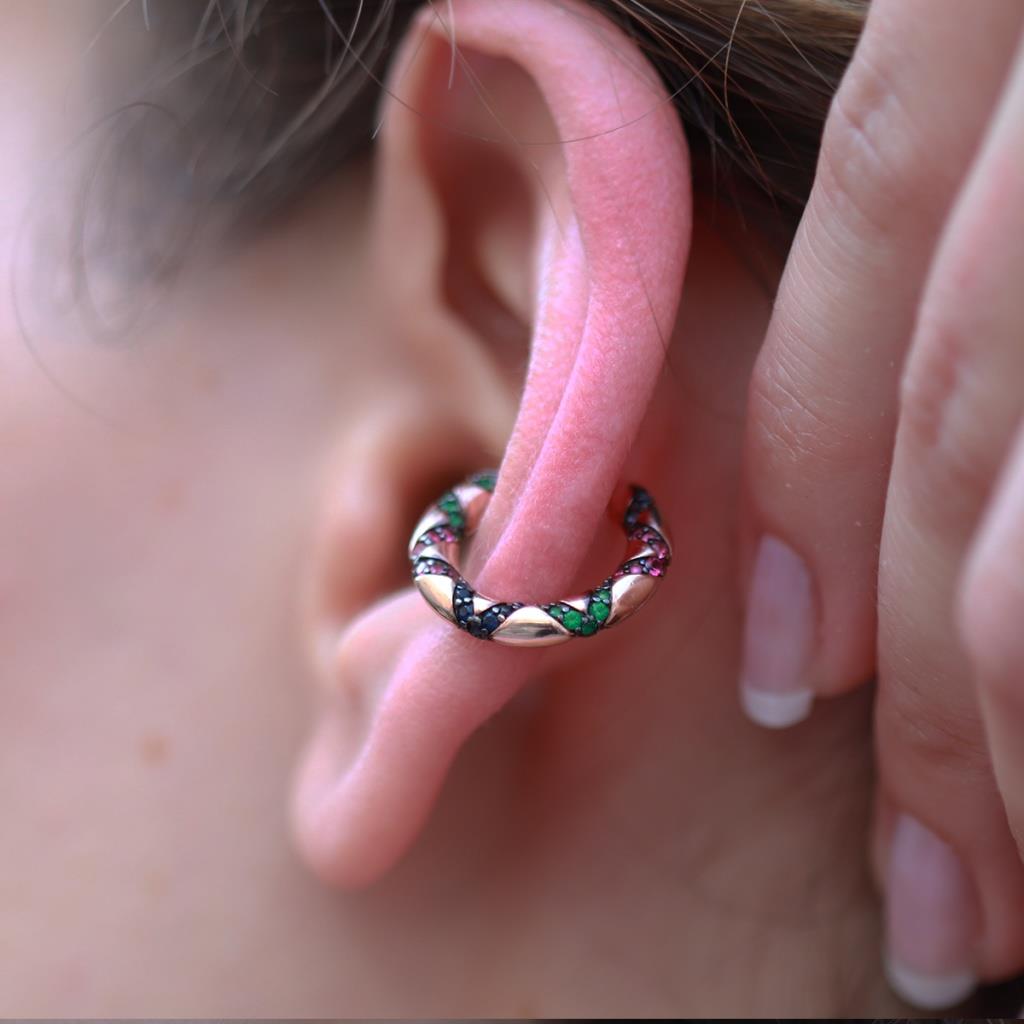 APM Model Çapraz Renkli Zirkon Taşlı Rose Gold Kaplama Gümüş Kıkırdak Küpesi