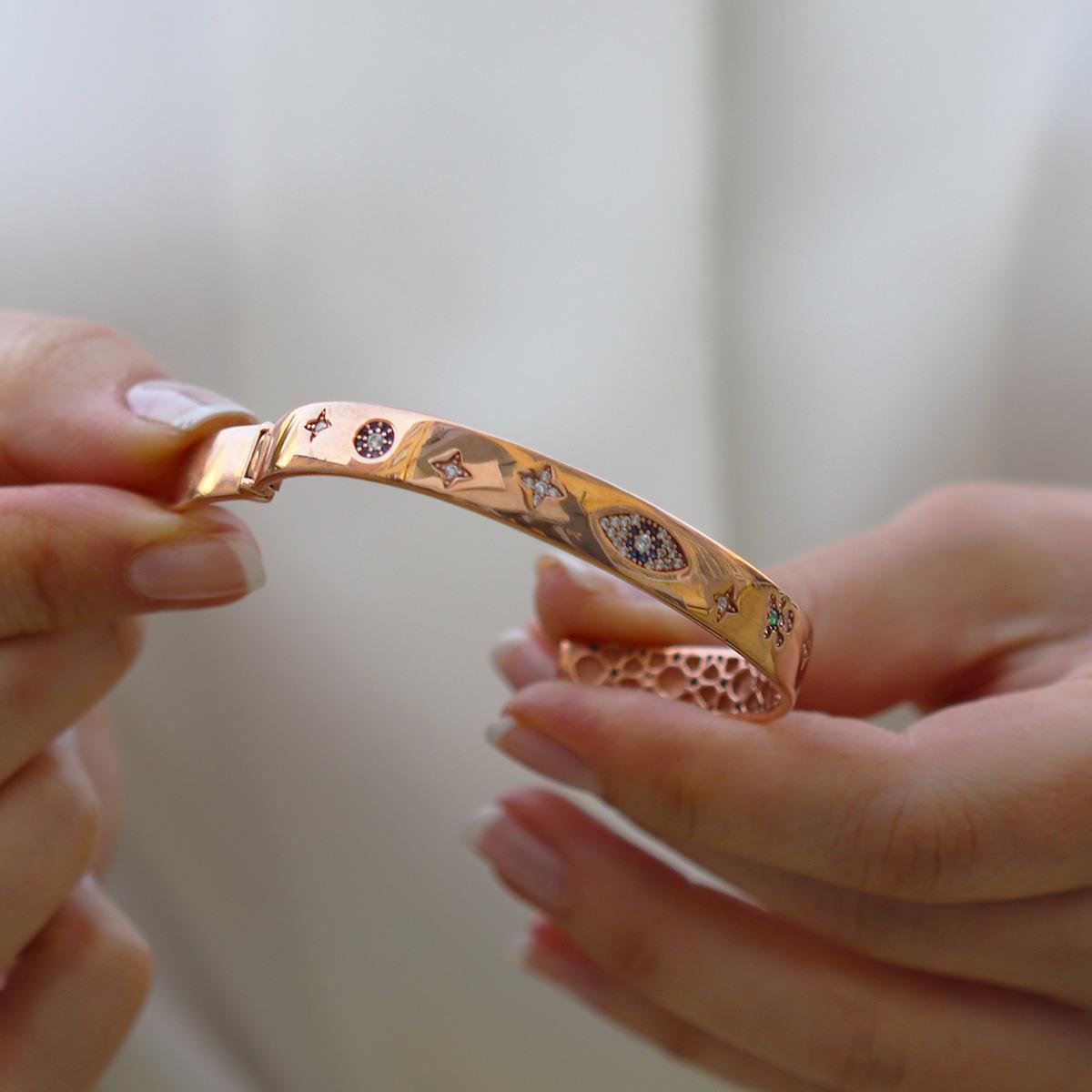 Apm Modeli Figürlü Rose Gold Şans Gümüş Kelepçe