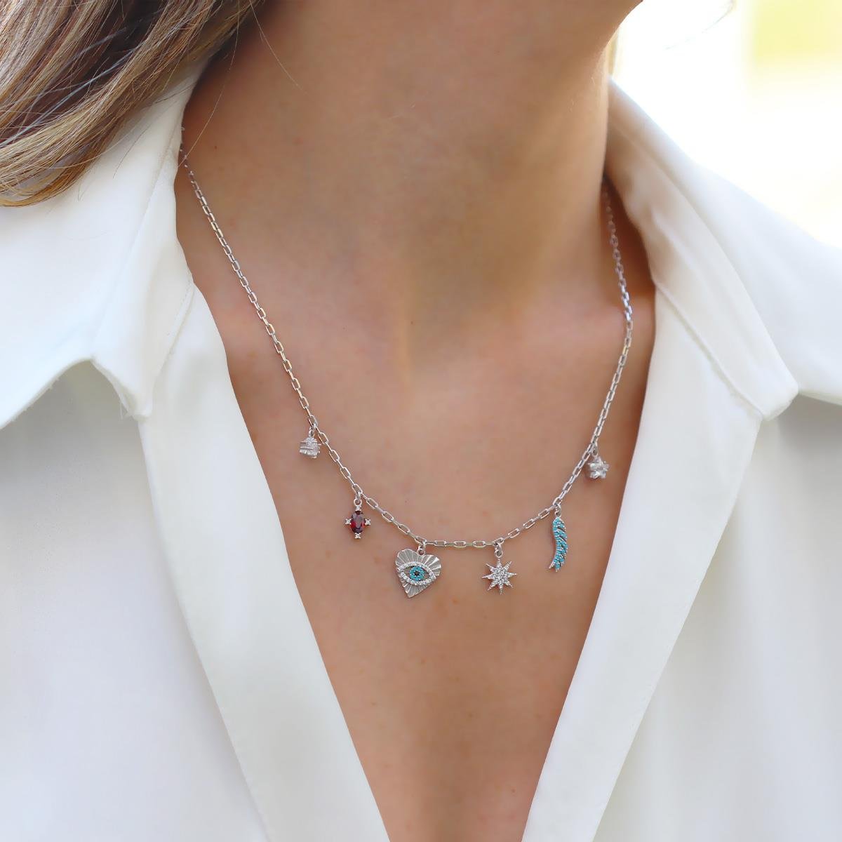 Apm Renkli Taşlı Gümüş Şans Kolyesi