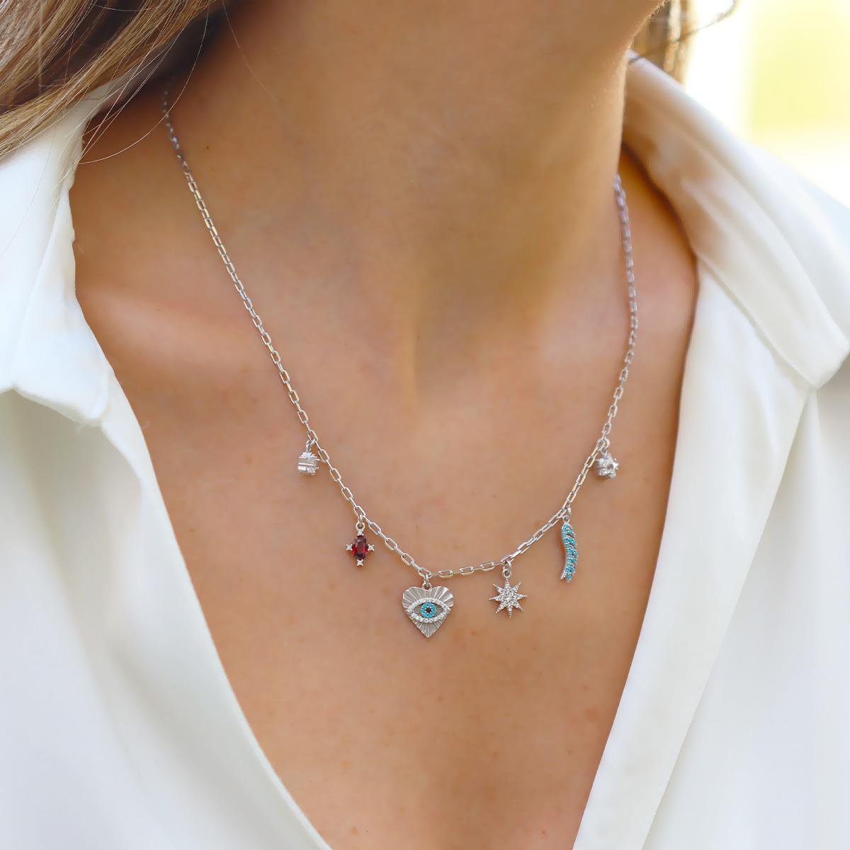 Apm Renkli Taşlı Gümüş Şans Kolyesi