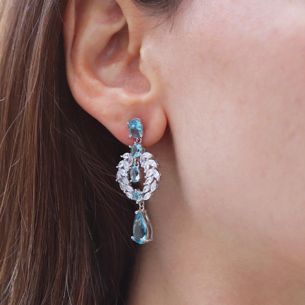 Aquamarine Taşlı Başak Modeli Gümüş Küpe