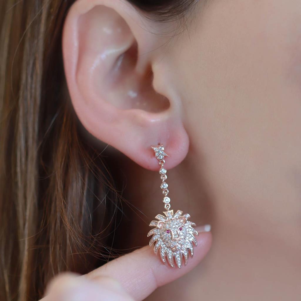 Aslan Başlı Zirkon Taşlı Rose Gold Kaplama Gümüş Küpe