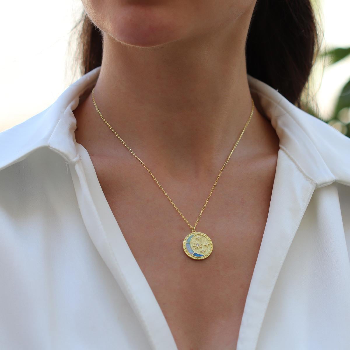 Ay Yıldızlı Opal Gold Gümüş Kolye