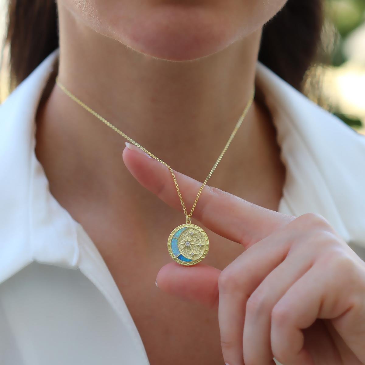 Ay Yıldızlı Opal Gold Gümüş Kolye