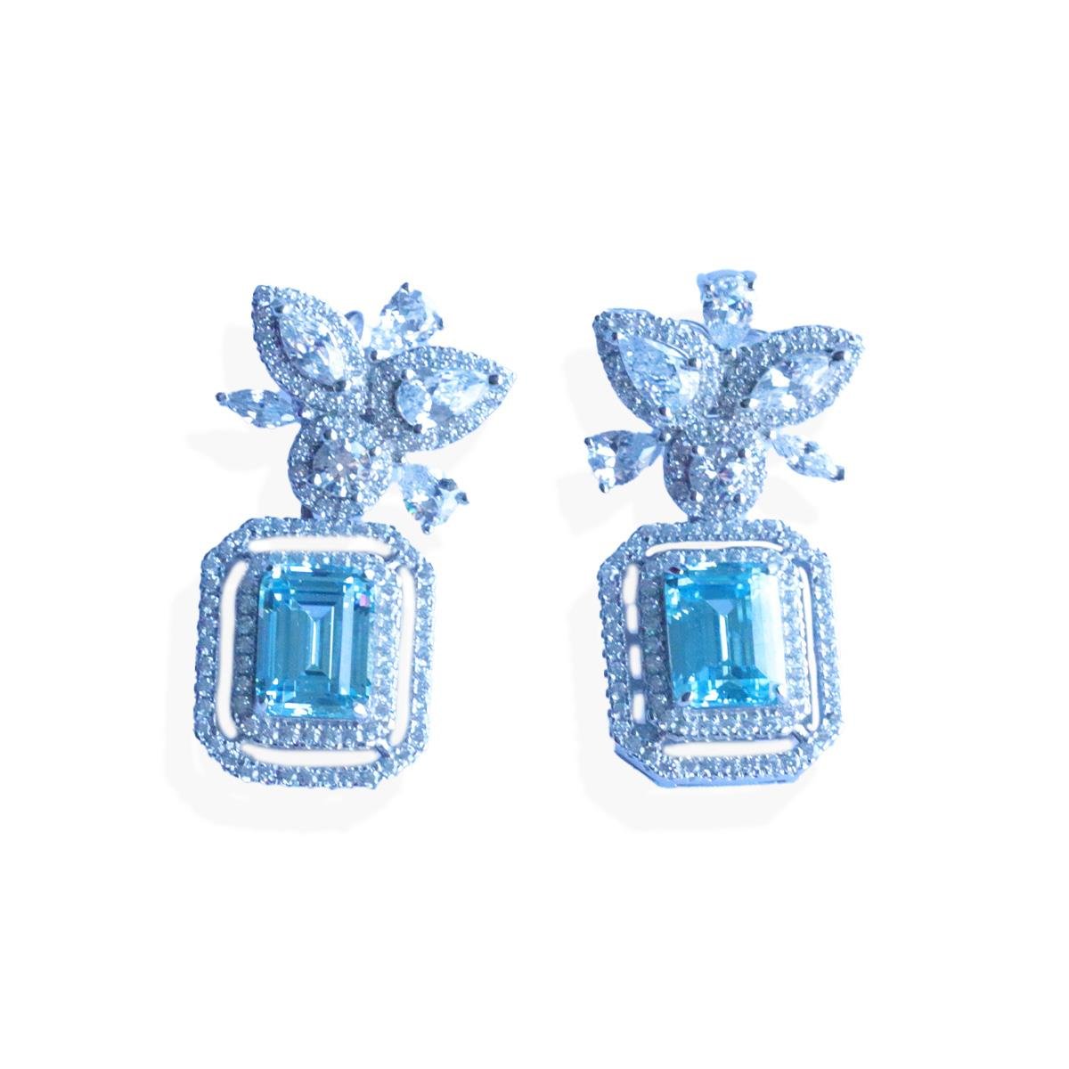 Baget Çiçekli Aquamarine Taşlı Gümüş Küpe