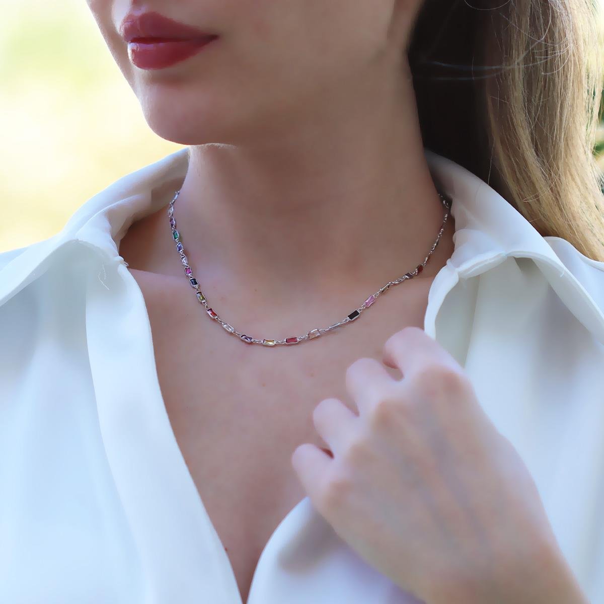 Baget Renkli Taşlı Gümüş Kolye