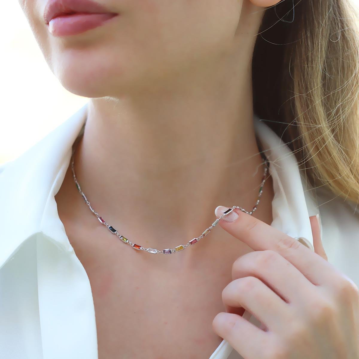 Baget Renkli Taşlı Gümüş Kolye