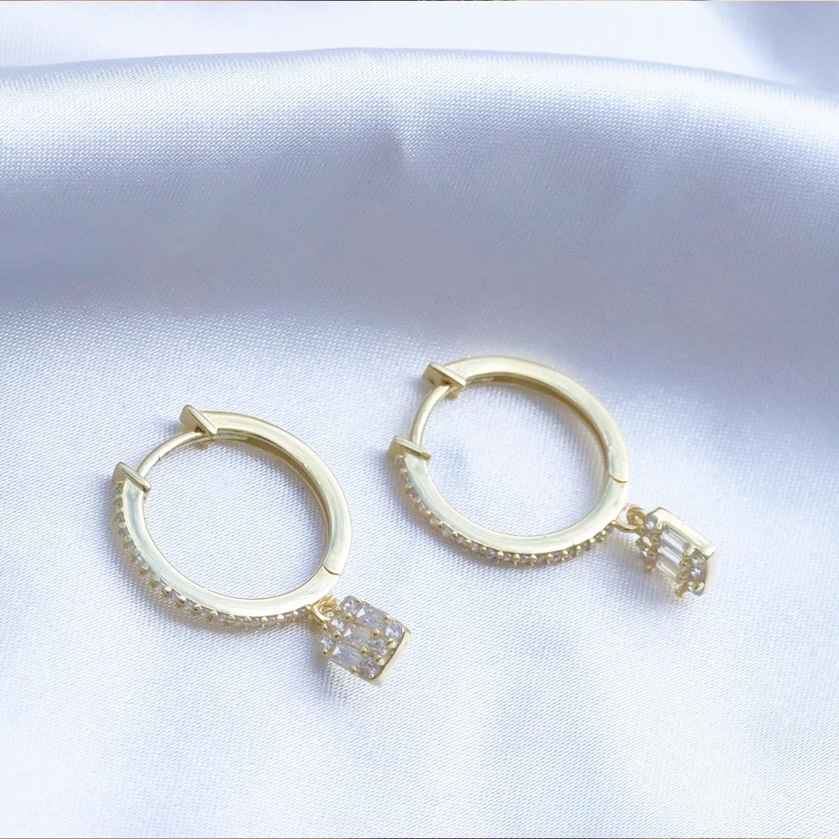 Baget Taşlı Gold Halka Gümüş Küpe