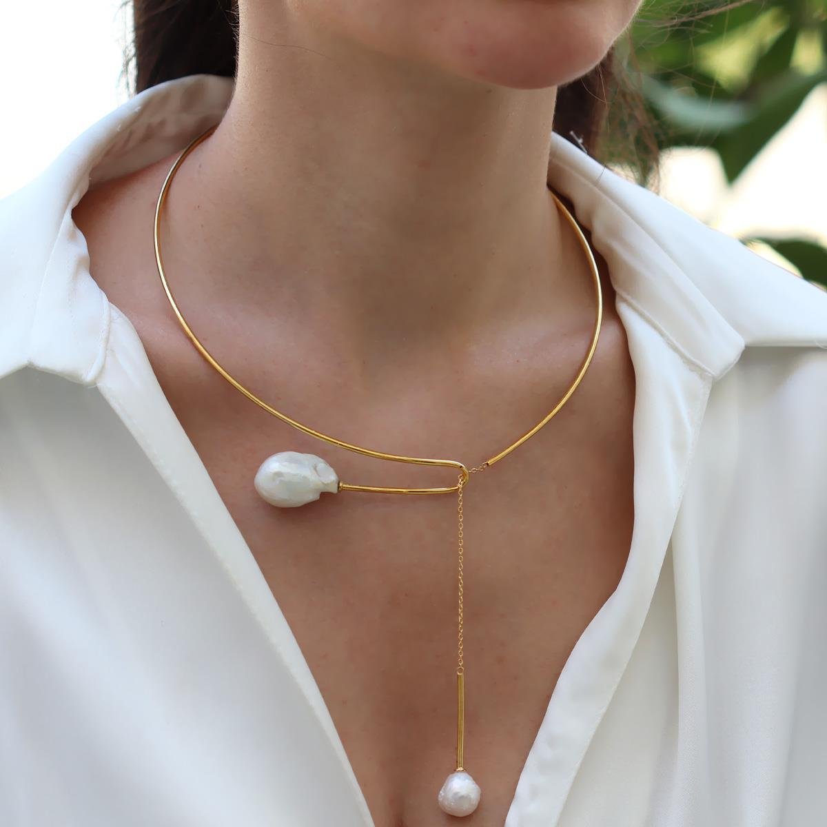 Barok İnci Gold Sarkıt Gümüş Gerdanlık