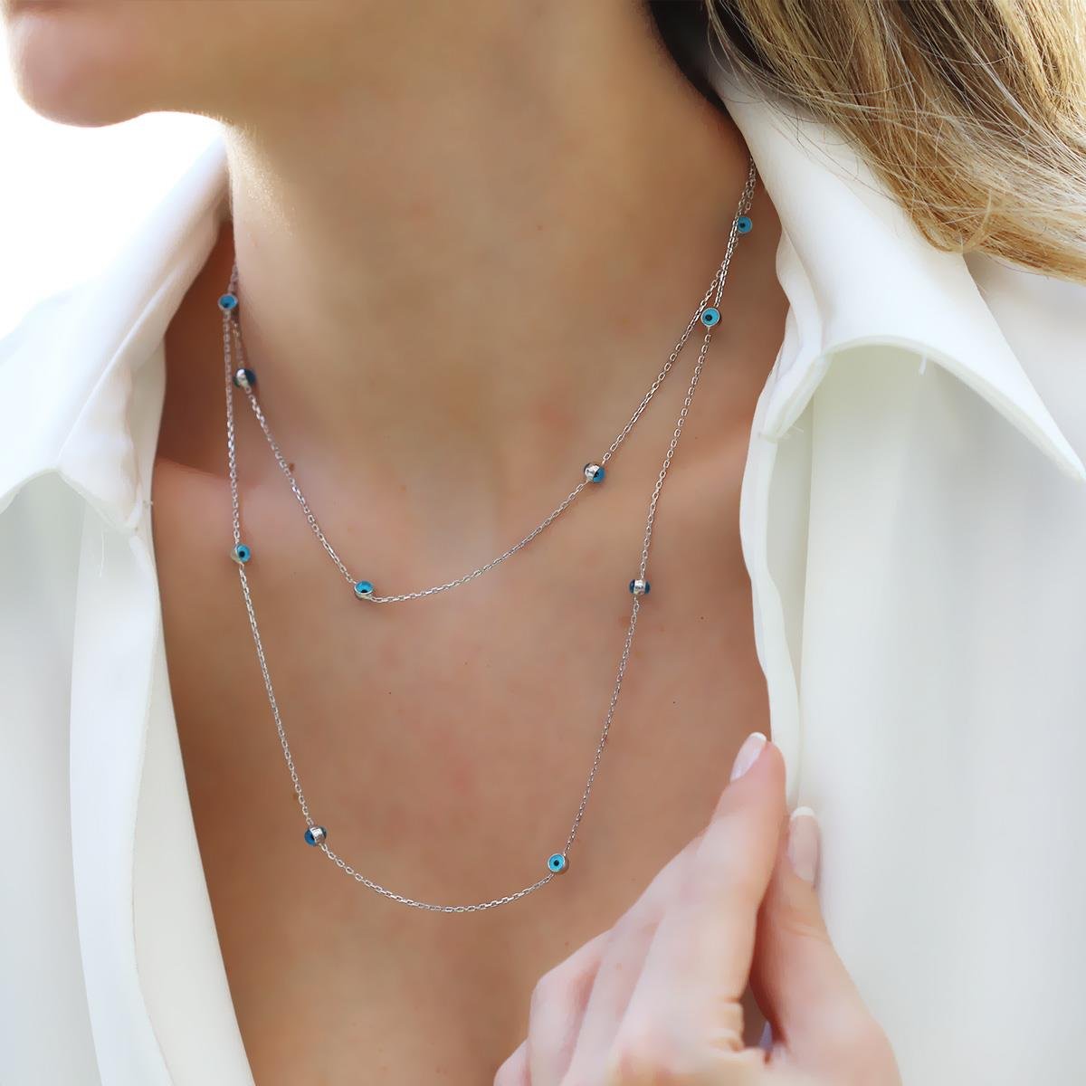 Camgöz Nazar Boncuklu Gümüş Zincir Kolye