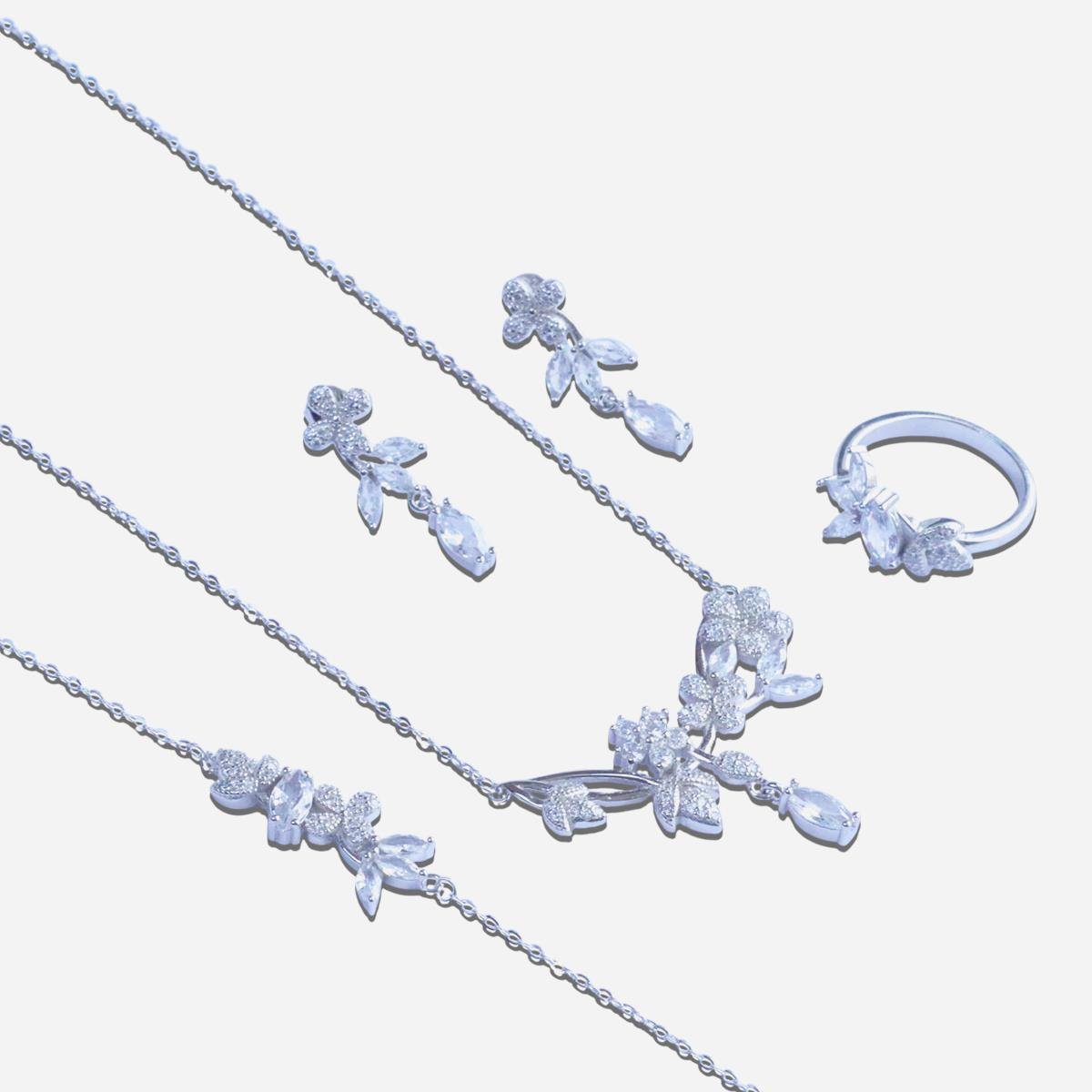 Çiçek Zarif Damla Zirkon Taşlı Gümüş Set  