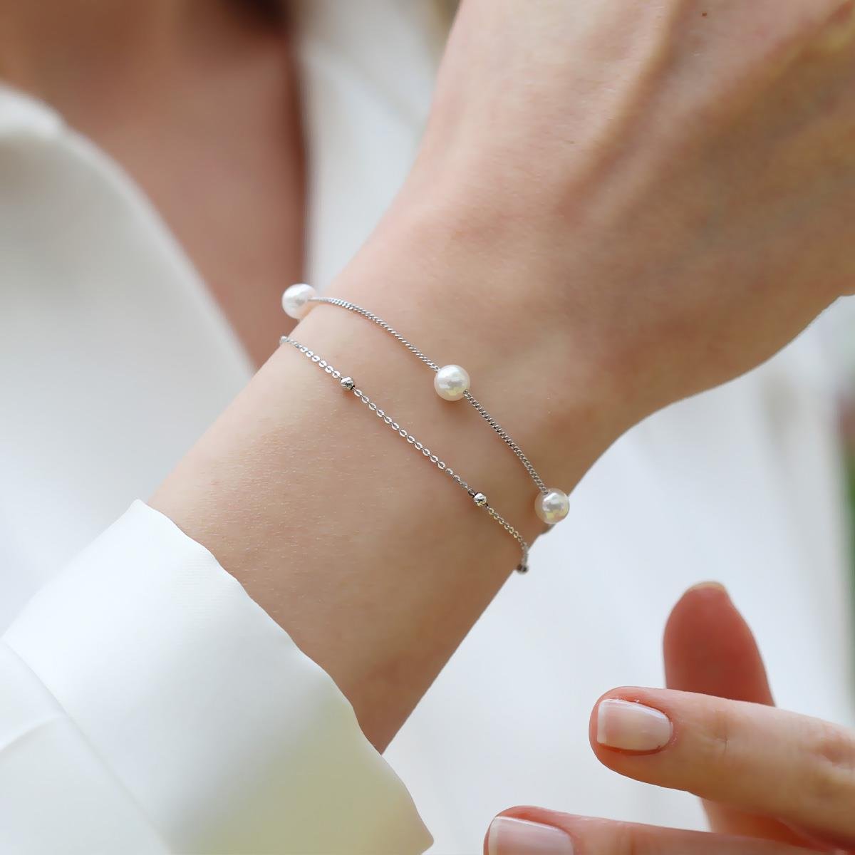 Çift Zincirli İncili Gümüş Bileklik