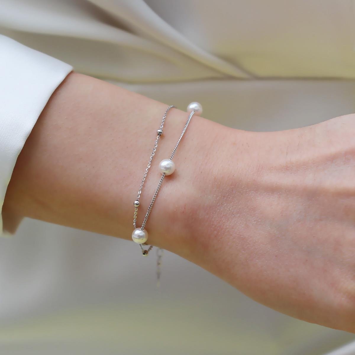 Çift Zincirli İncili Gümüş Bileklik