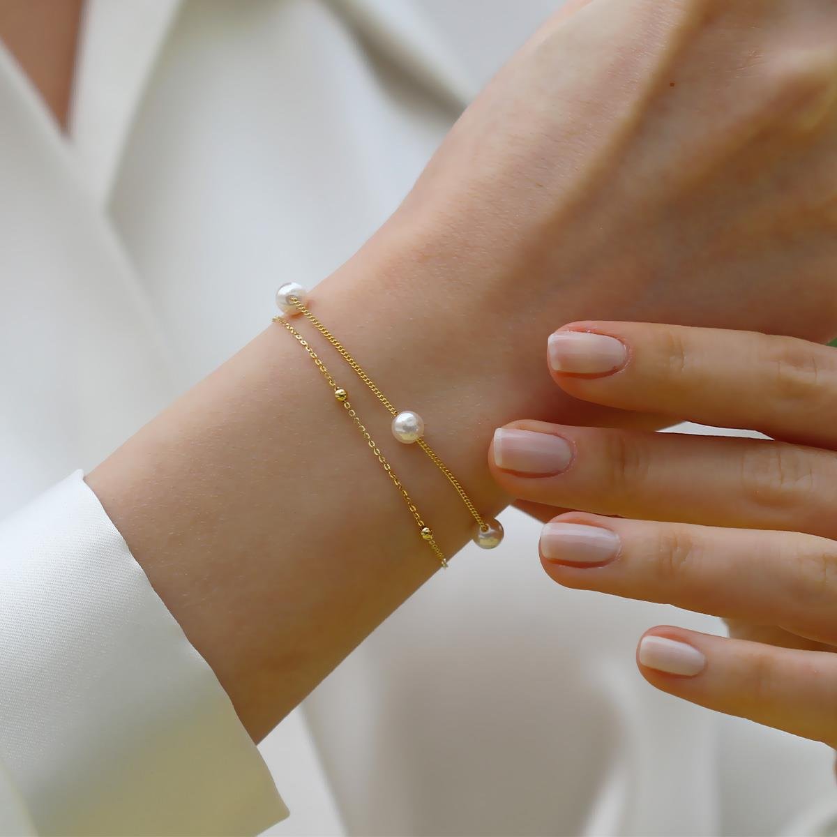 Çift Zincirli İncili Gümüş Bileklik