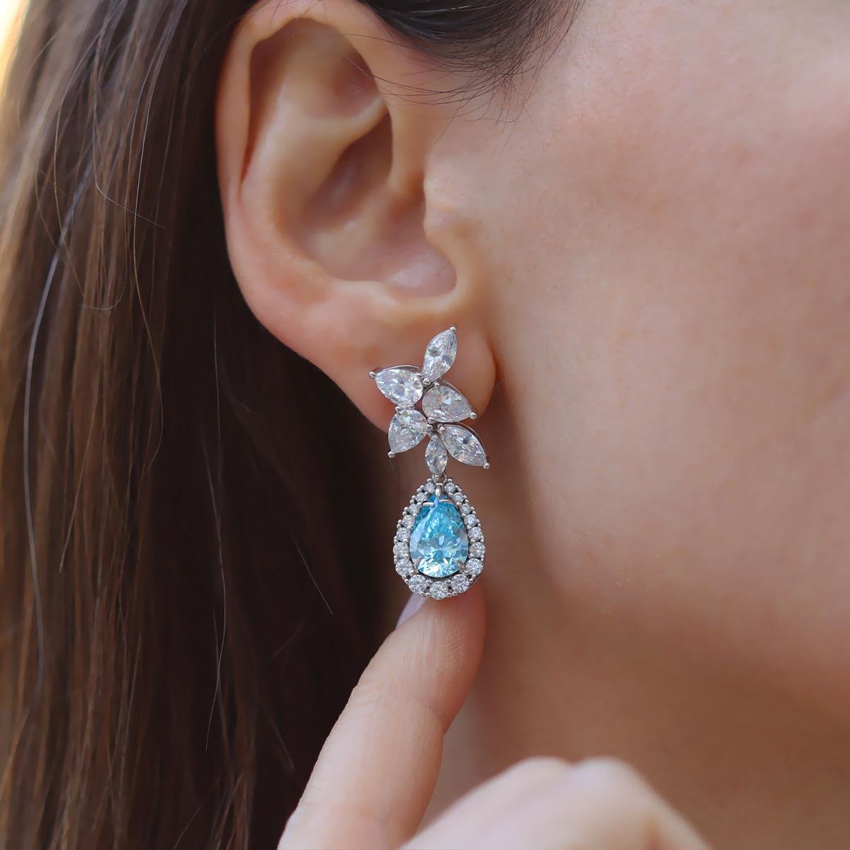 Damla Aquamarine Çiçek Gümüş Küpe