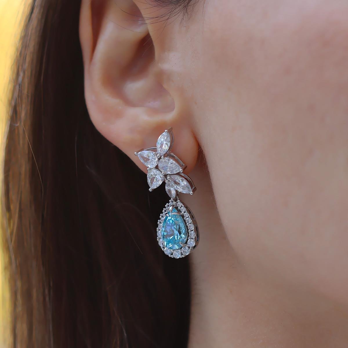 Damla Aquamarine Çiçek Gümüş Küpe