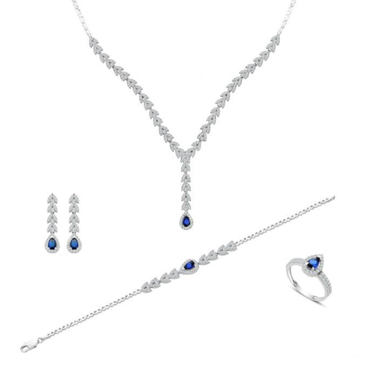 Damla Başak Modeli Safir Taşlı Gümüş Set 