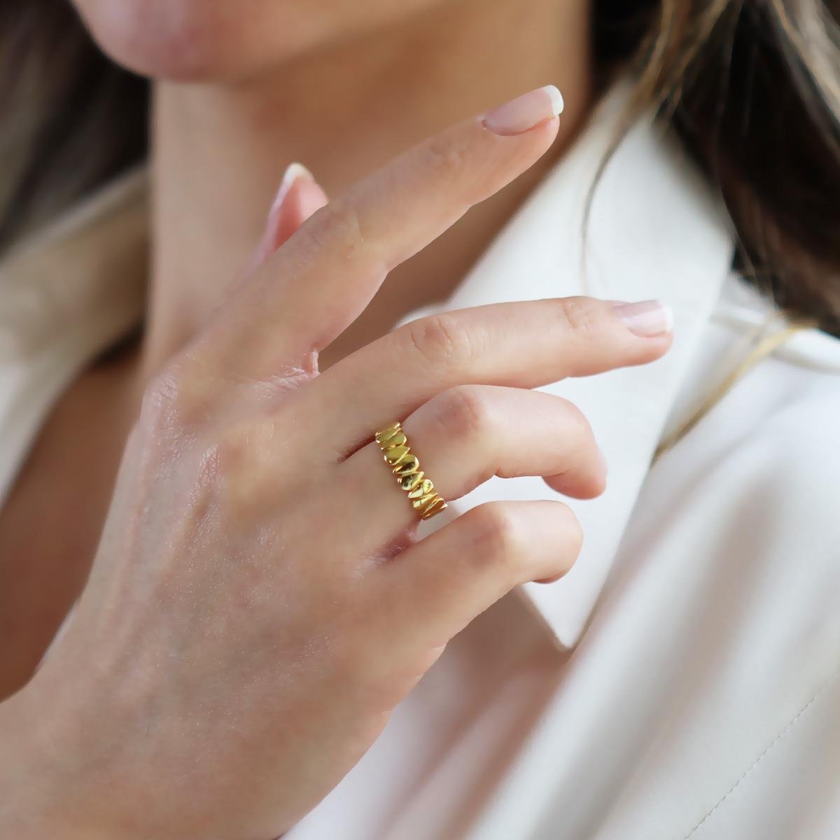 Damla Bombeli Gold Ayarlanabilir Gümüş Yüzük