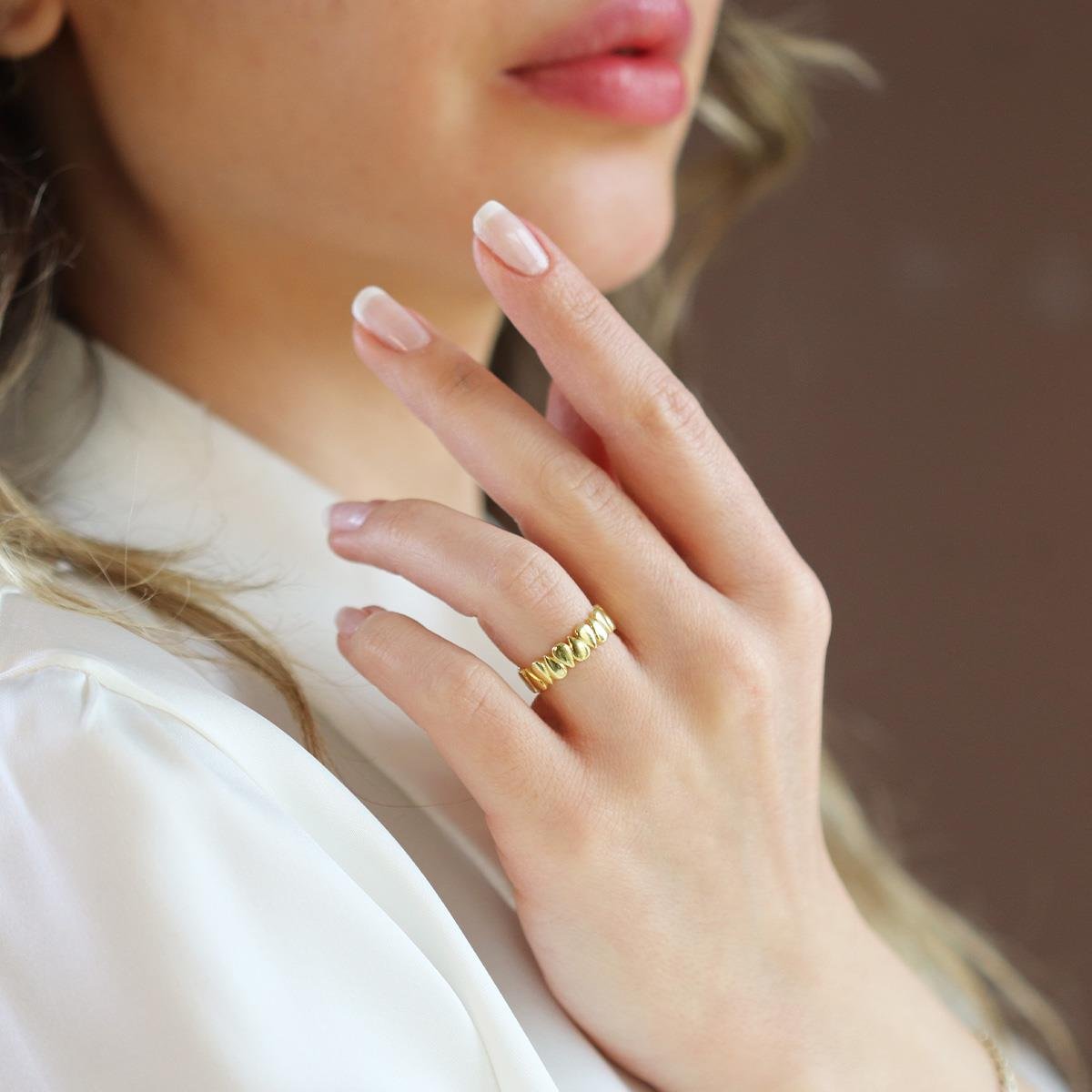 Damla Bombeli Gold Ayarlanabilir Gümüş Yüzük