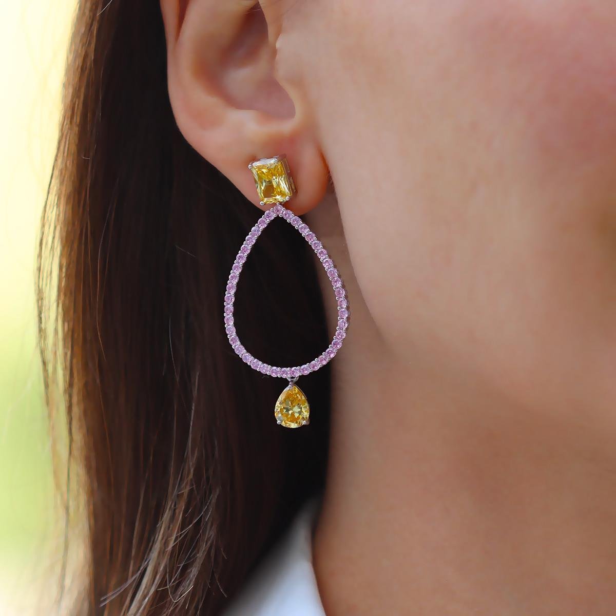 Damla Pembe Sitrin Taşlı Gümüş Küpe